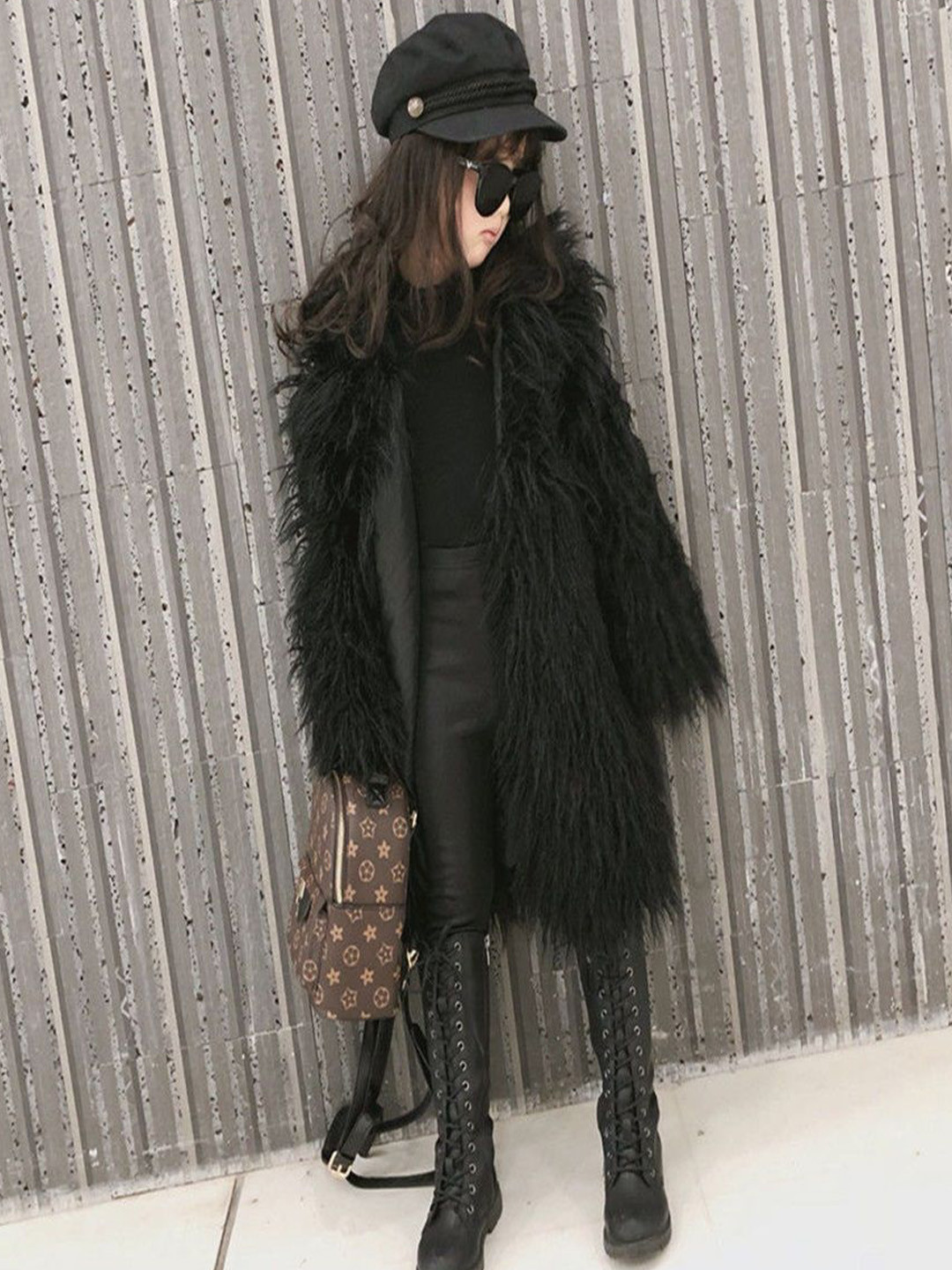 

Xsole Girls Self Design Faux Fur Trim Front-Open Longline Overcoat, Black