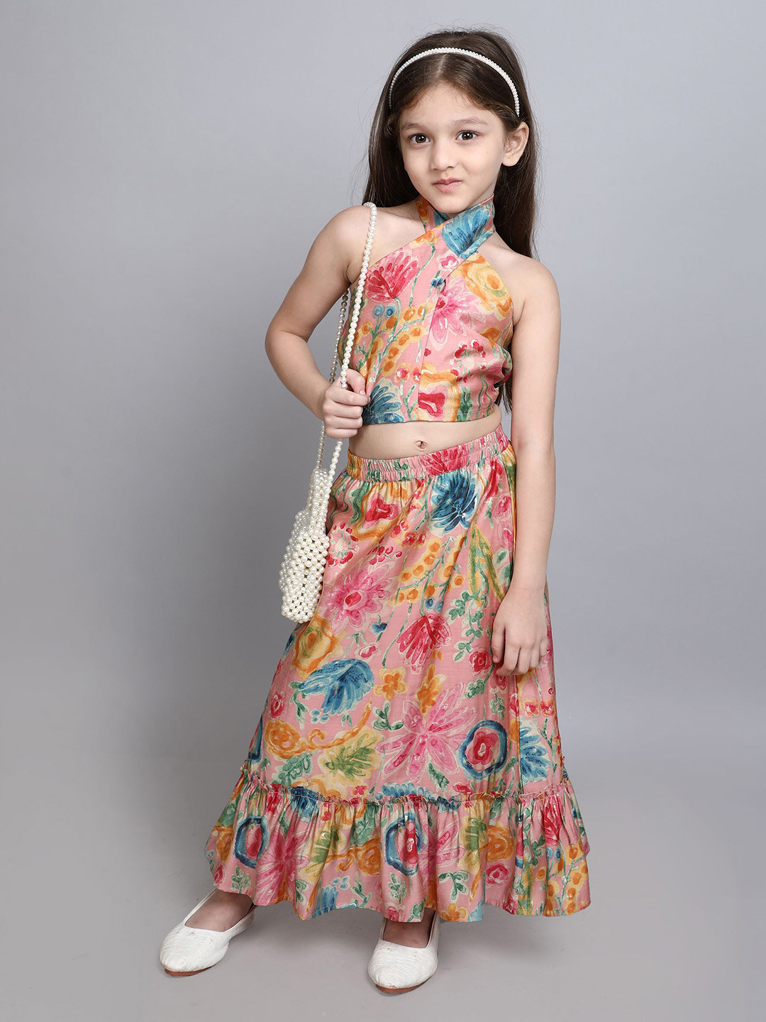 

taffykids Girls Printed Top with Skirt, Pink