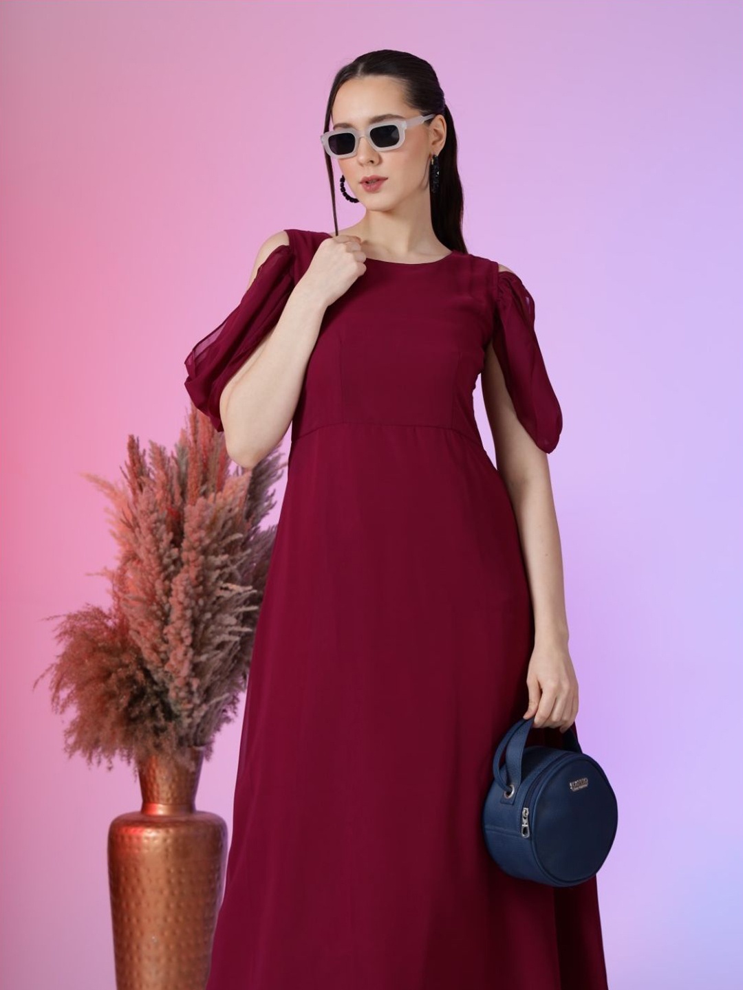 

Krunal Raiyani Women Bell Sleeve Fit & Flare Maxi Dress, Magenta