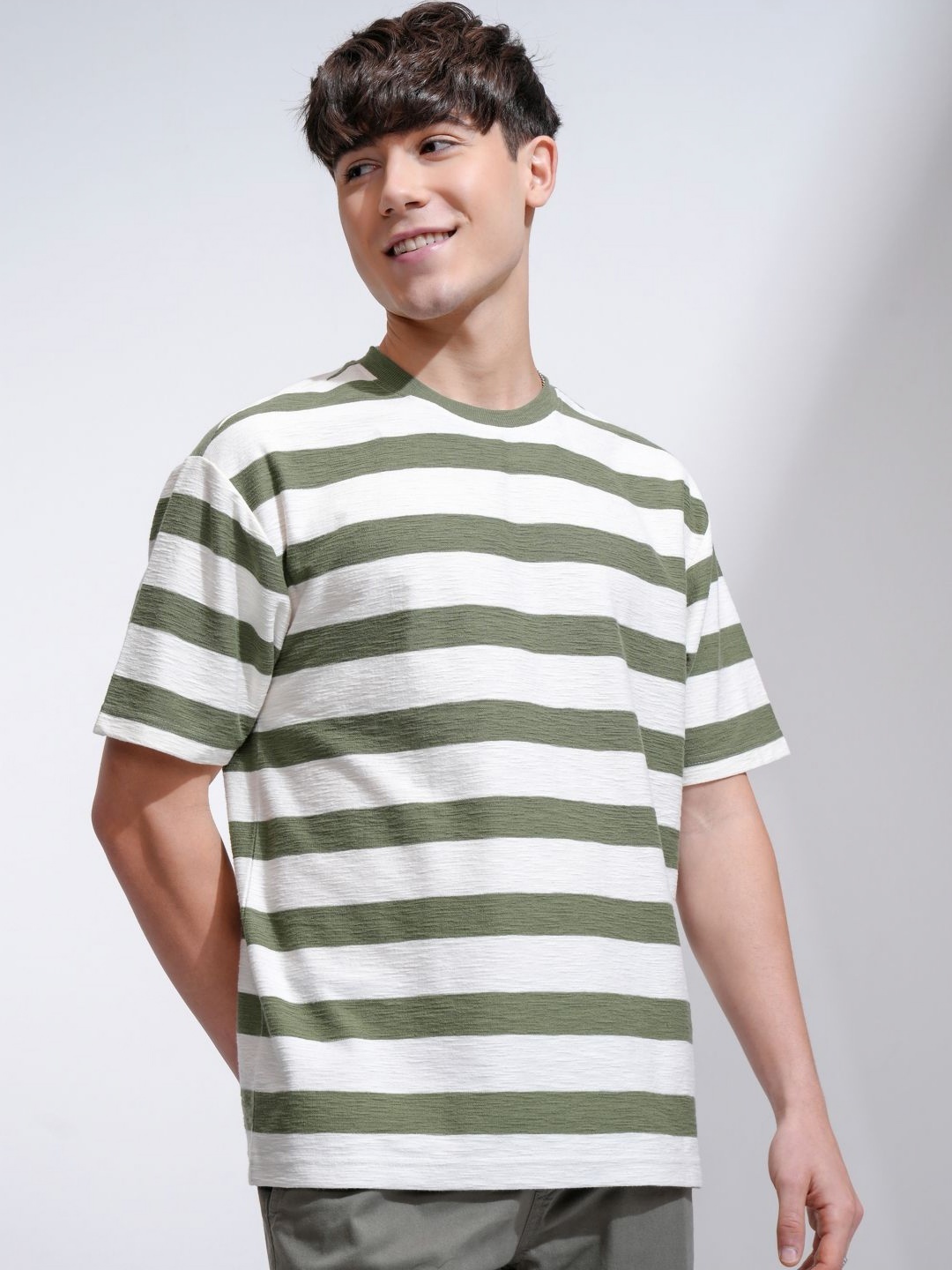 

HIGHLANDER Men Striped Round Neck Cotton Relaxed Fit T-shirt, Cream