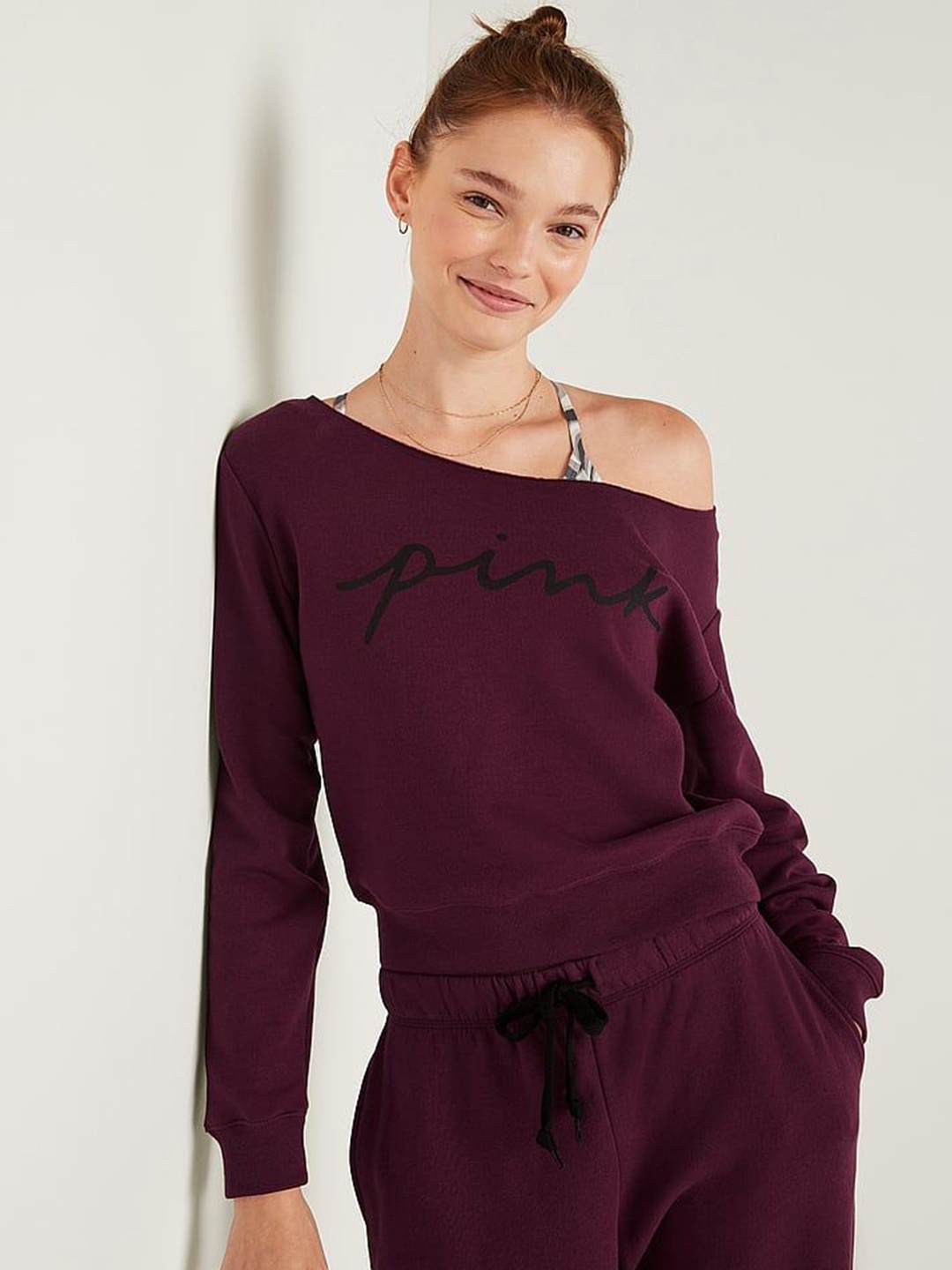 

Victoria's Secret Women Printed One Shoulder Sweatshirt, Maroon