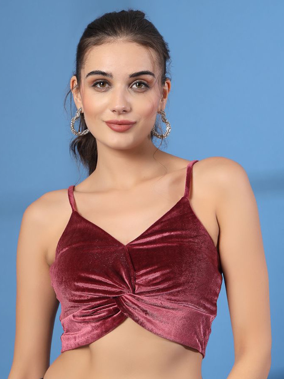 

STYLECAST X KASSUALLY Twisted Velvet Blouson Crop Top, Maroon