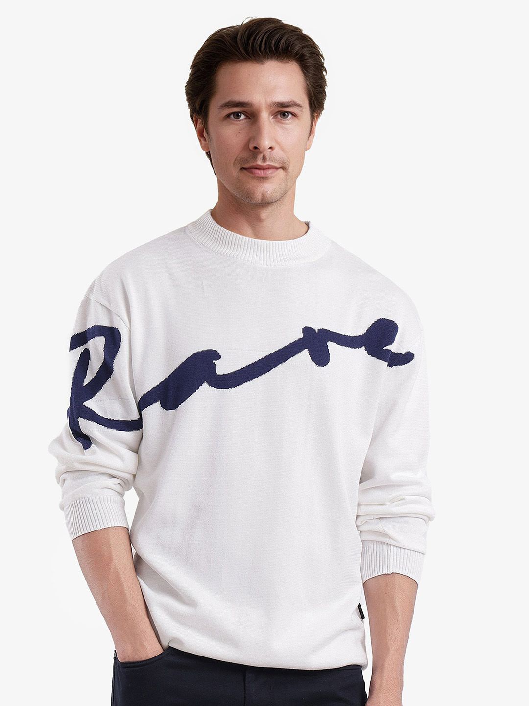 

RARE RABBIT Men Typography Self Design Cotton Pullover, Off white