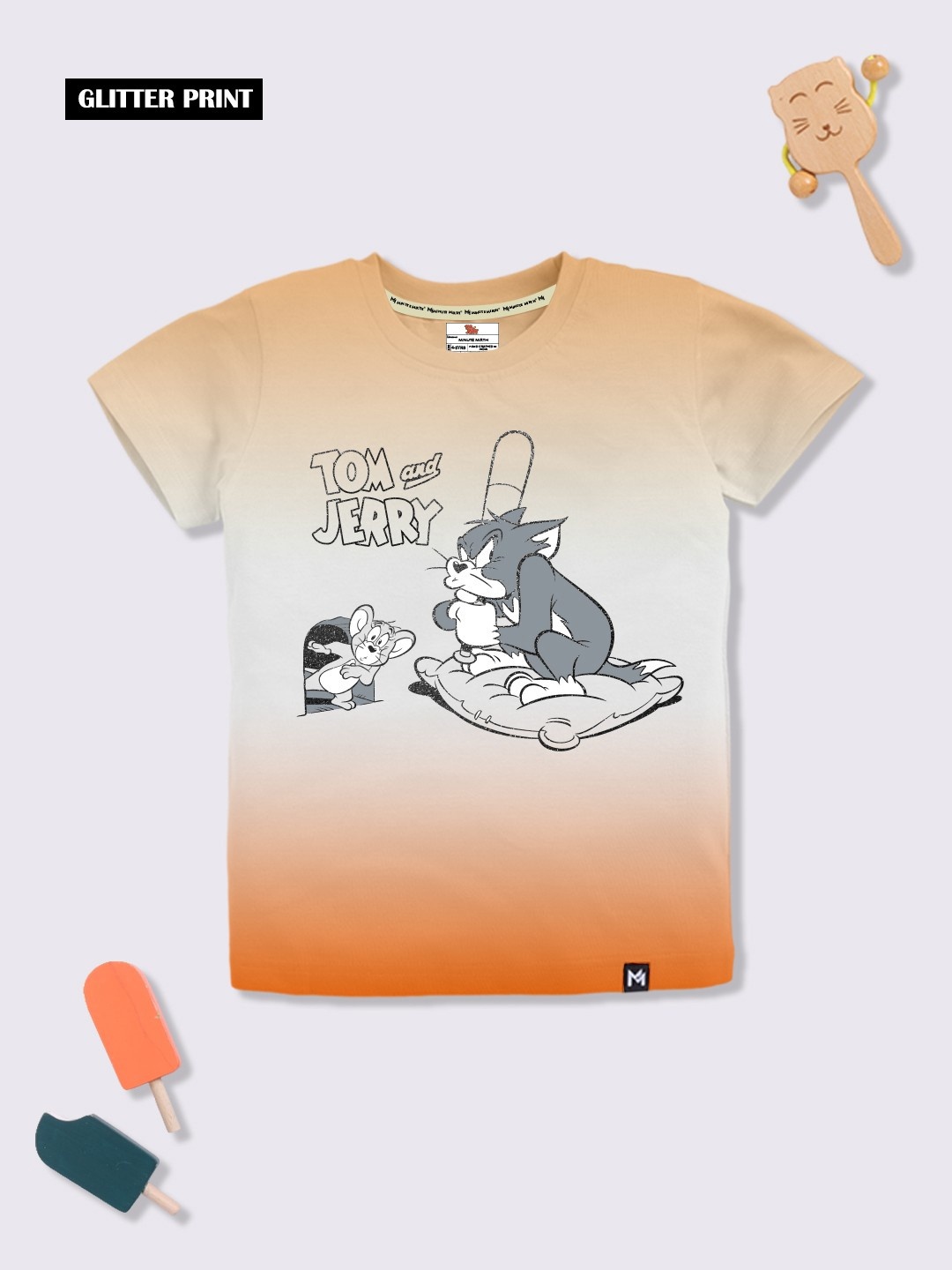 

YK X Minute Mirth Boys Ombre Effect Tom & Jerry Printed Pure Cotton Stretchable T-shirt, Orange