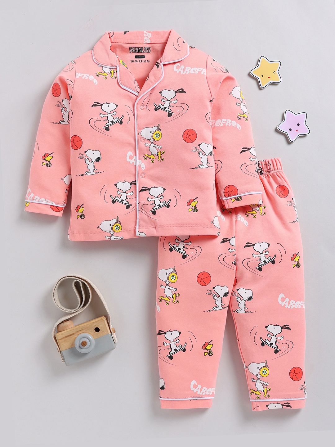 

YK X Tinyo Infant Girls Snoopy Printed Pure Cotton Night suit, Peach