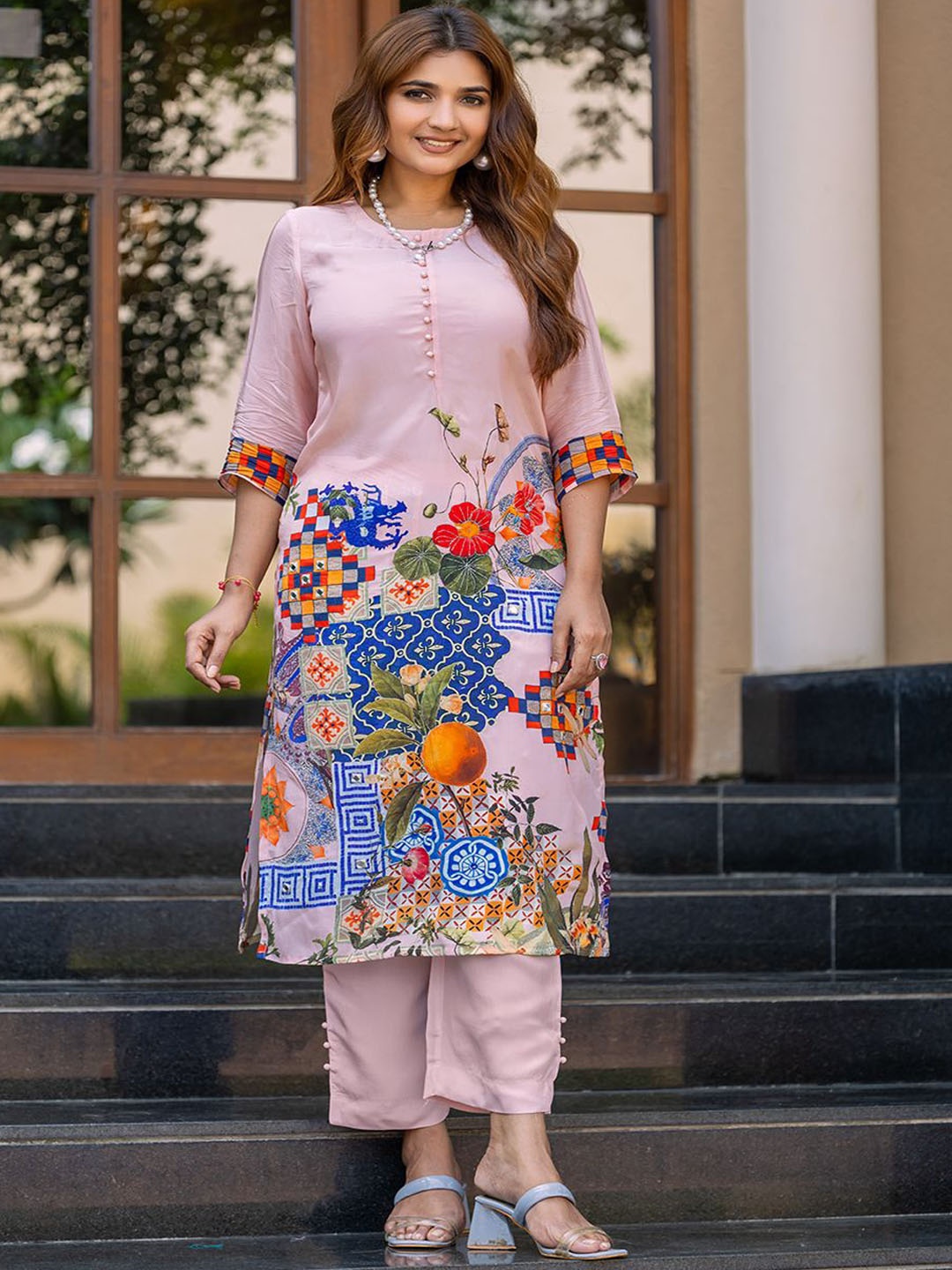 

PIRRA DESIGNS Women Printed Regular Kurta with Trousers, Peach