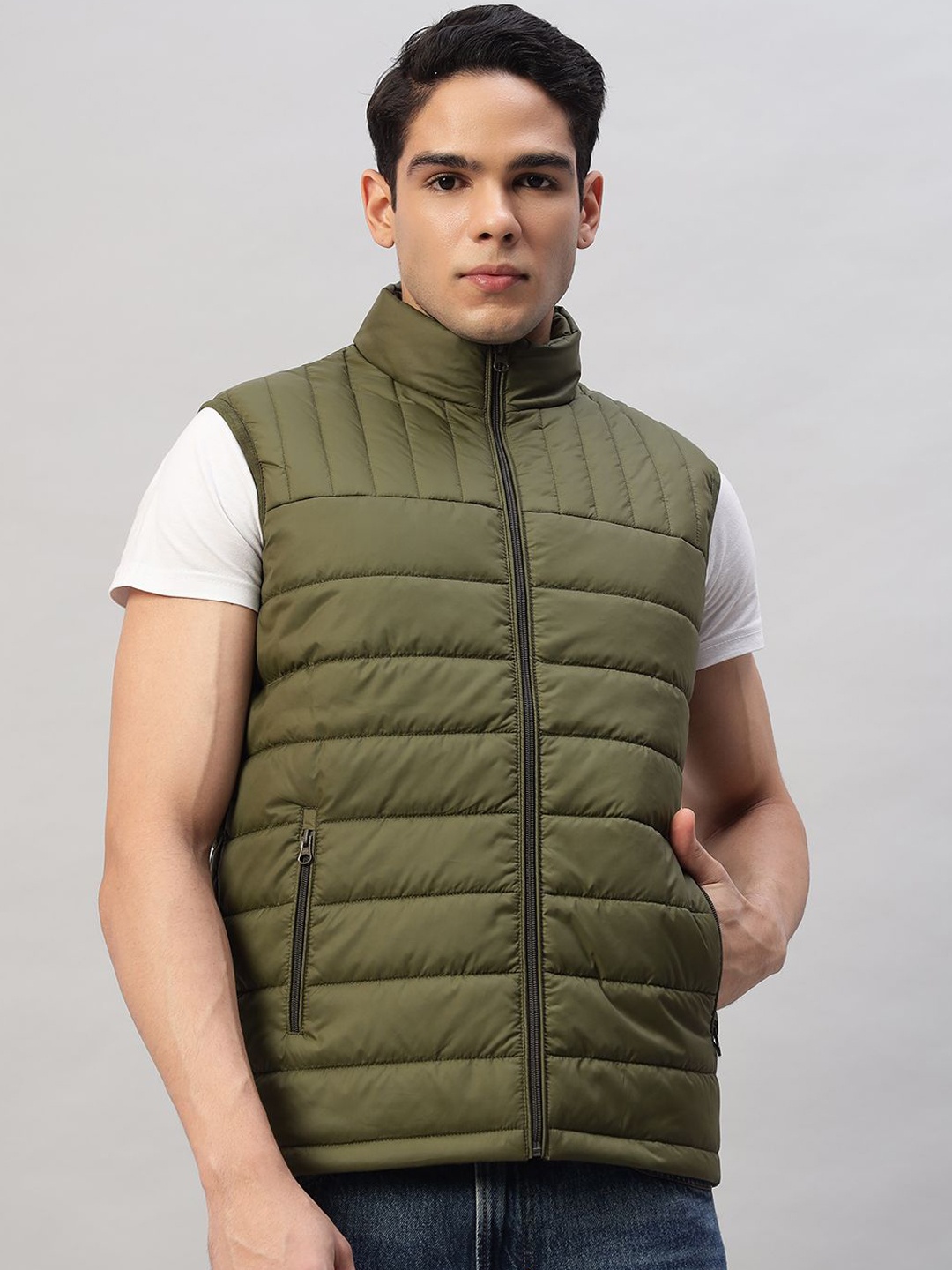 

AR-FIT Men Geometric Striped Polyester Lightweight Puffer Jacket, Green