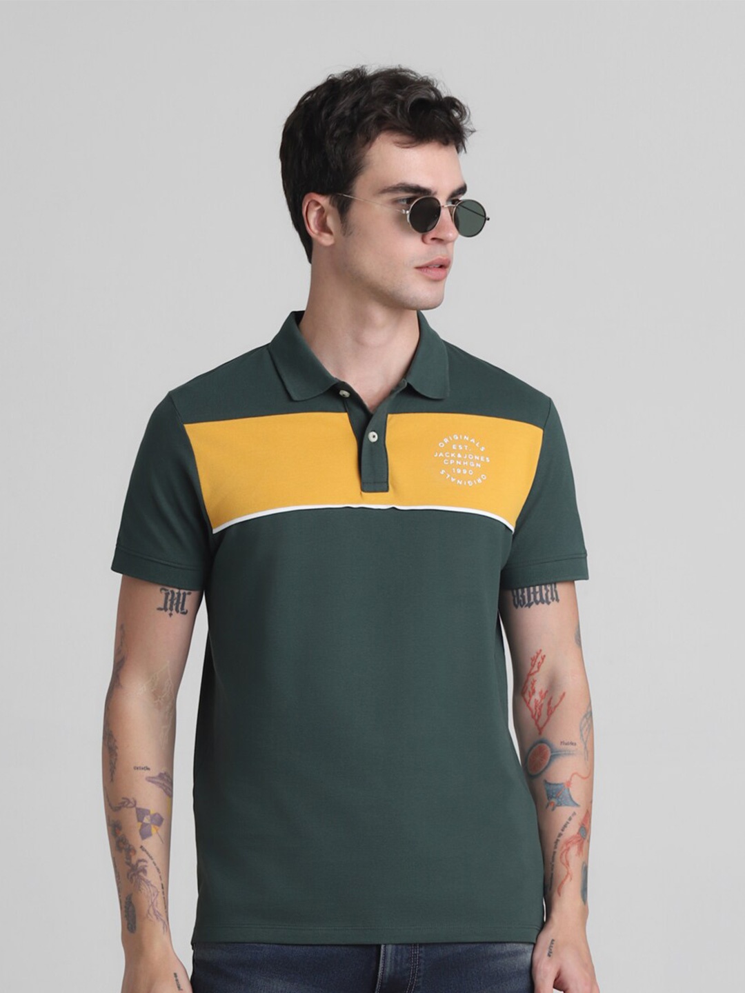 

Jack & Jones Colourblocked Cotton Polo Collar Short Sleeves Applique Slim Fit T-shirt, Green