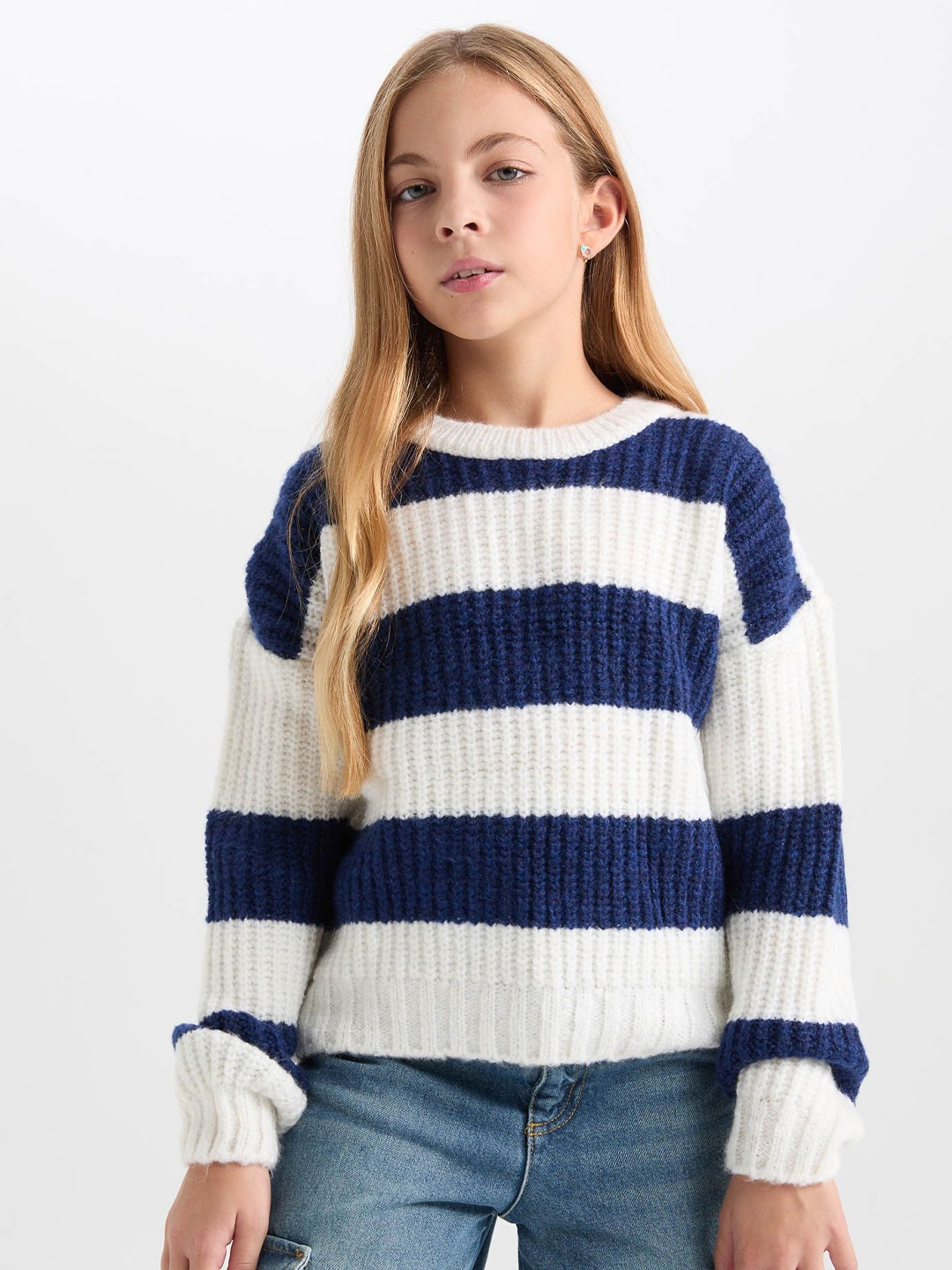 

DeFacto Girls Striped Long Sleeves Pullover Sweater, Blue