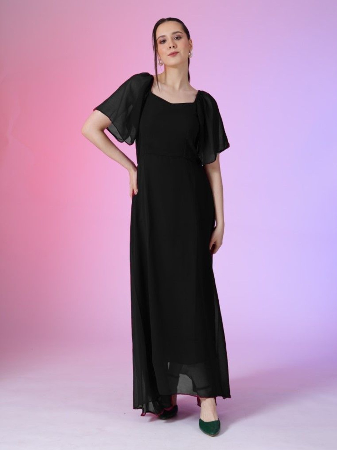 

Femvy Georgette Sweetheart Neck Flared Sleeves A-Line Maxi Dress, Black