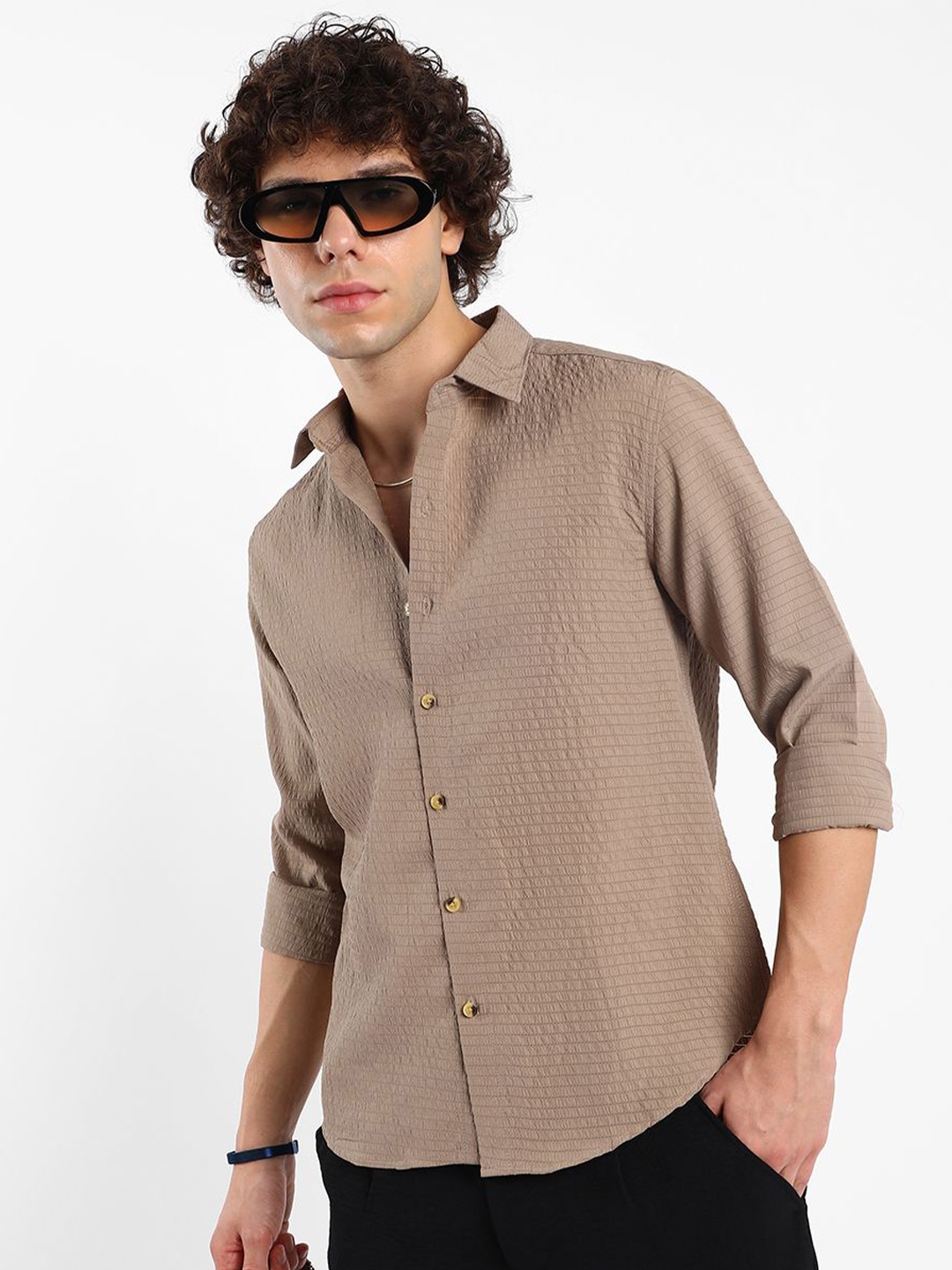 

Campus Sutra Men Comfort Spread Collar Textured Casual Shirt, Beige