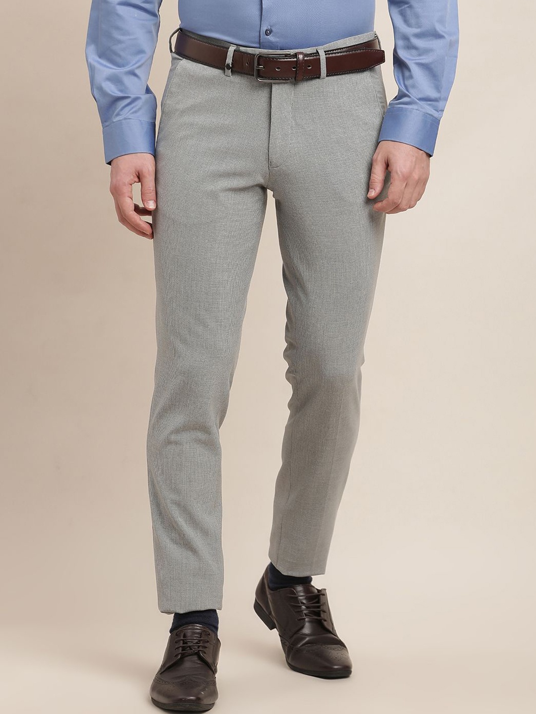 

Turtle Men Tailored Skinny Fit Mid-Rise Cotton Formal Trousers, Grey