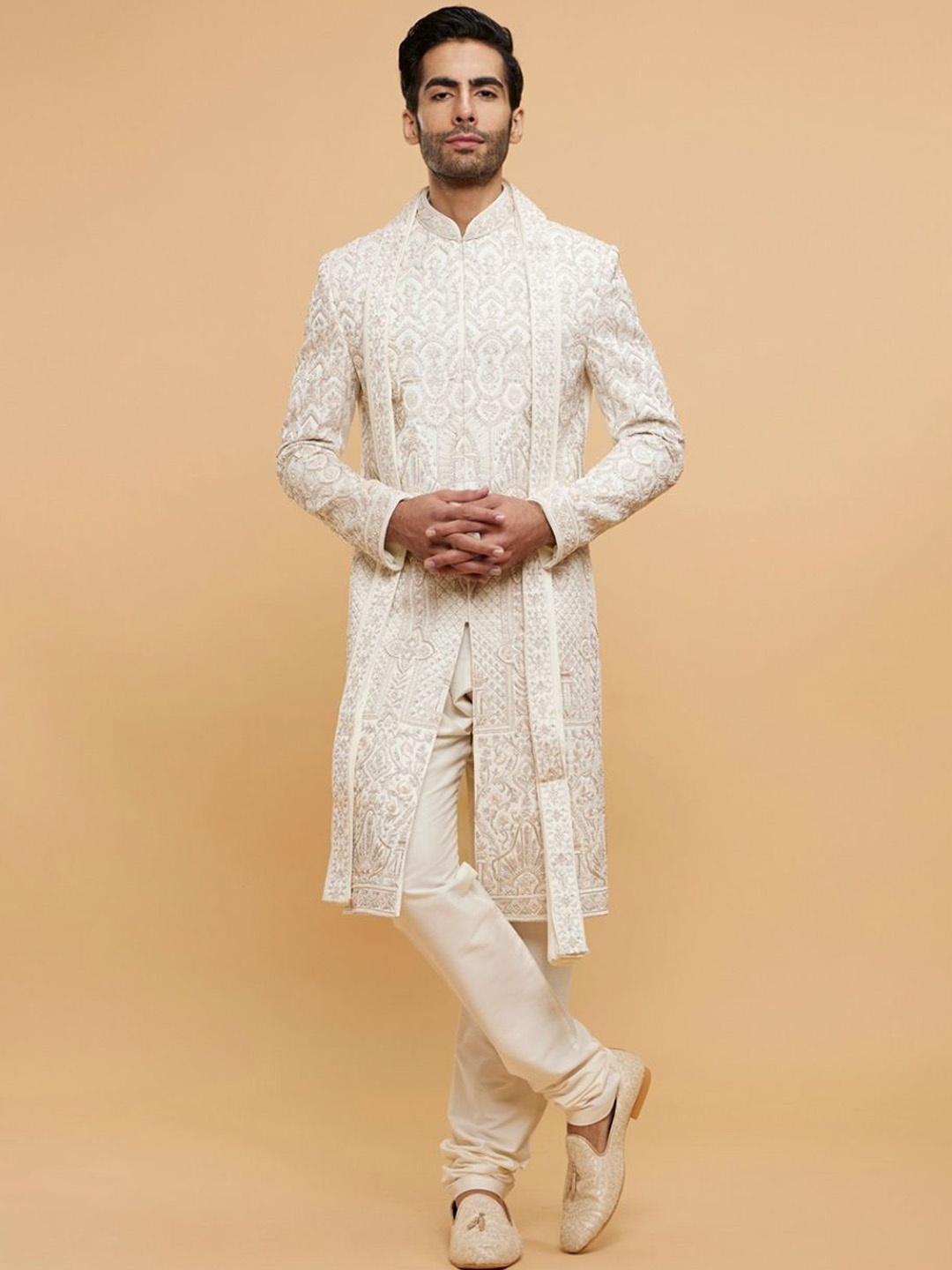 

Twamev Embroidered Stone Work & Thread Work Mandarin Collar Sherwani Set, Cream