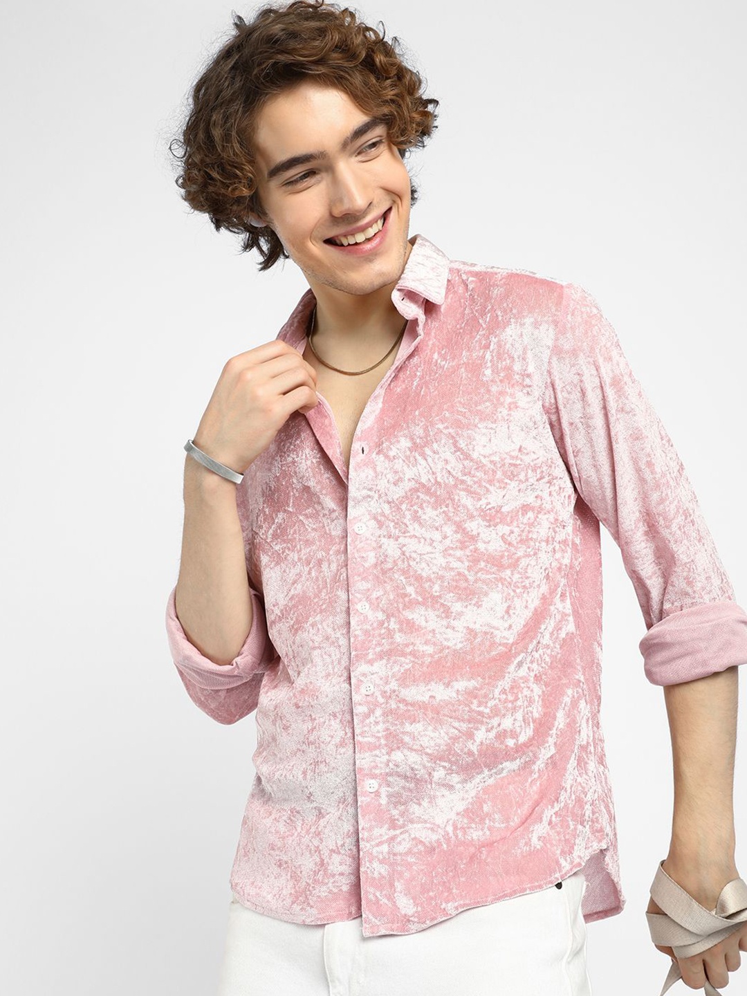 

Campus Sutra Men Comfort Spread Collar Textured Casual Shirt, Pink