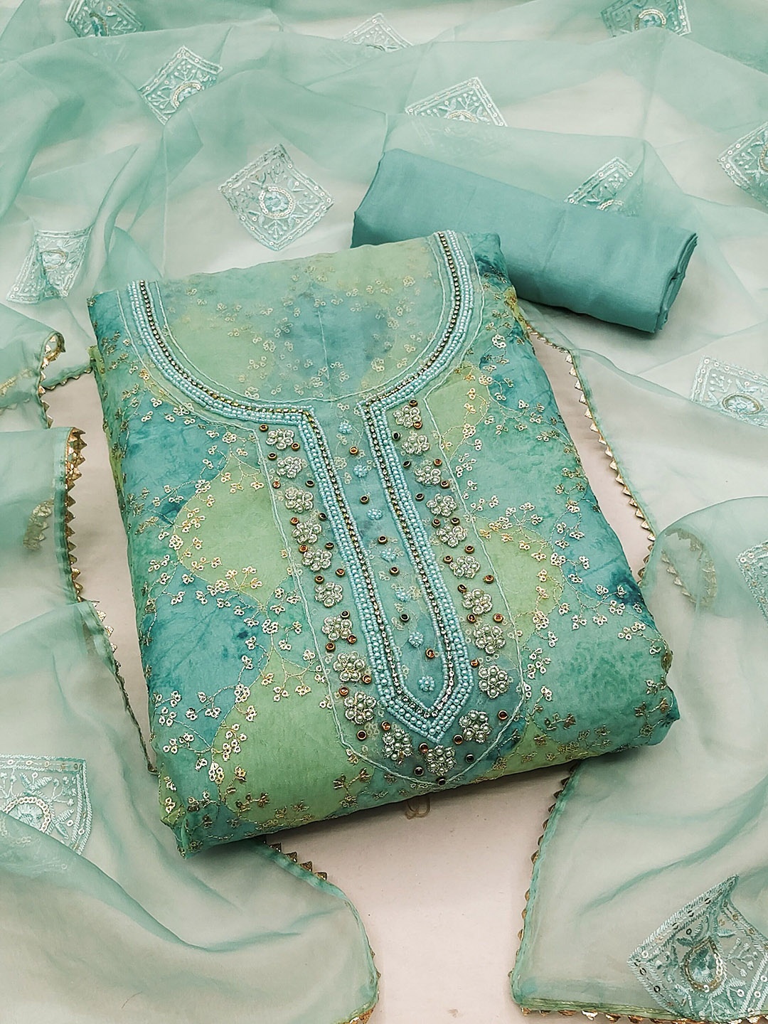 

Maroosh Embellished Organza Unstitched Dress Material, Green