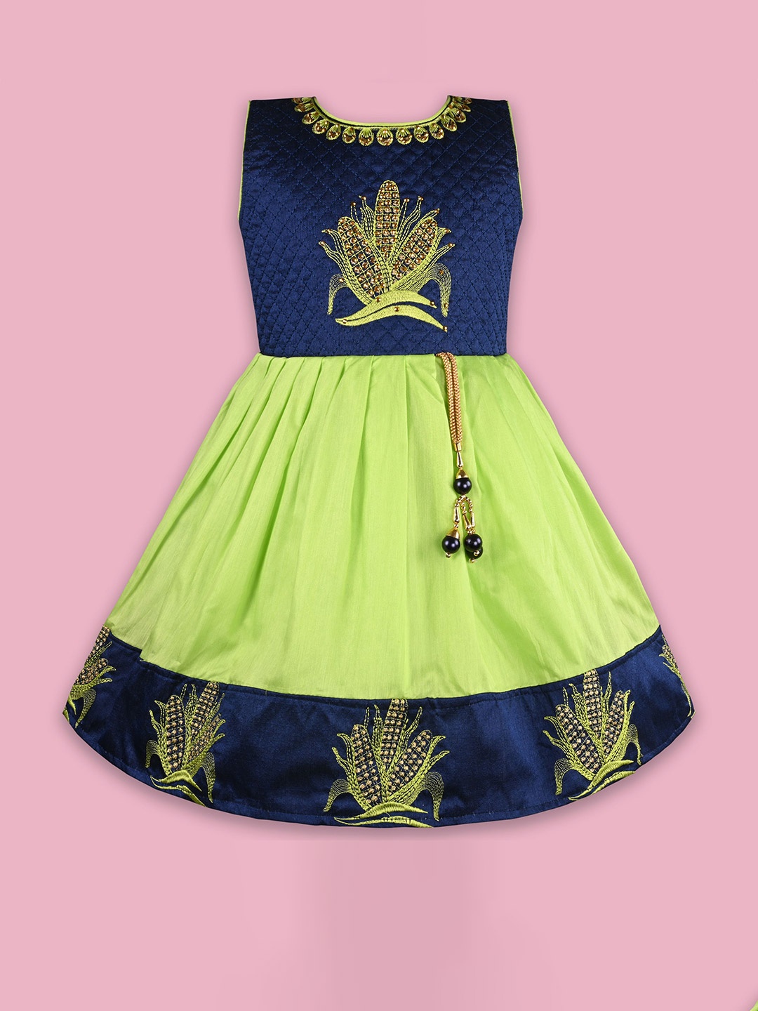 

Wish Karo Ethnic Motifs Embroidered Satin Fit & Flare Dress, Green