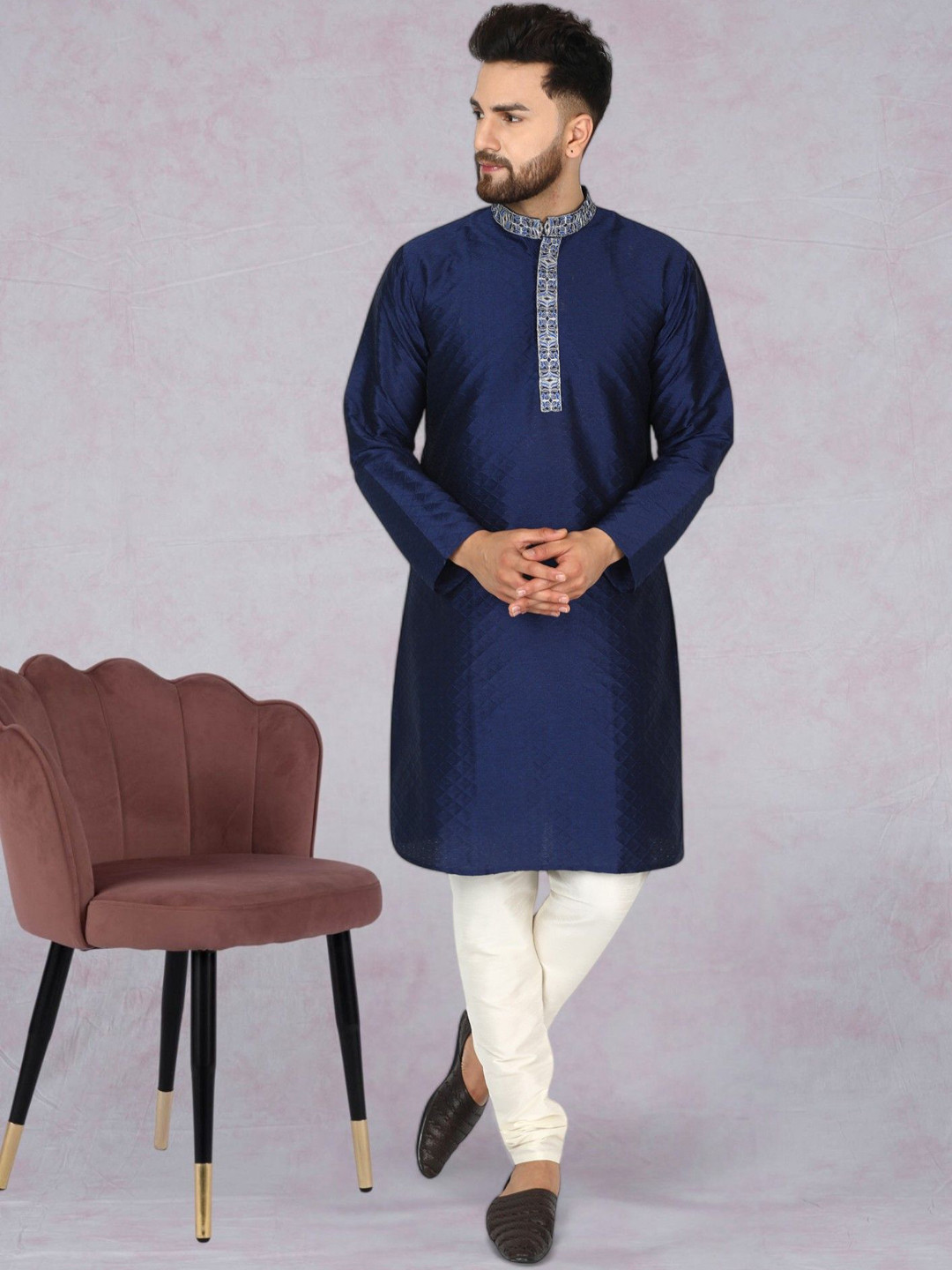 

SKAVIJ Men Floral Yoke Design Regular Thread Work Kurta with Churidar & With Dupatta, Blue