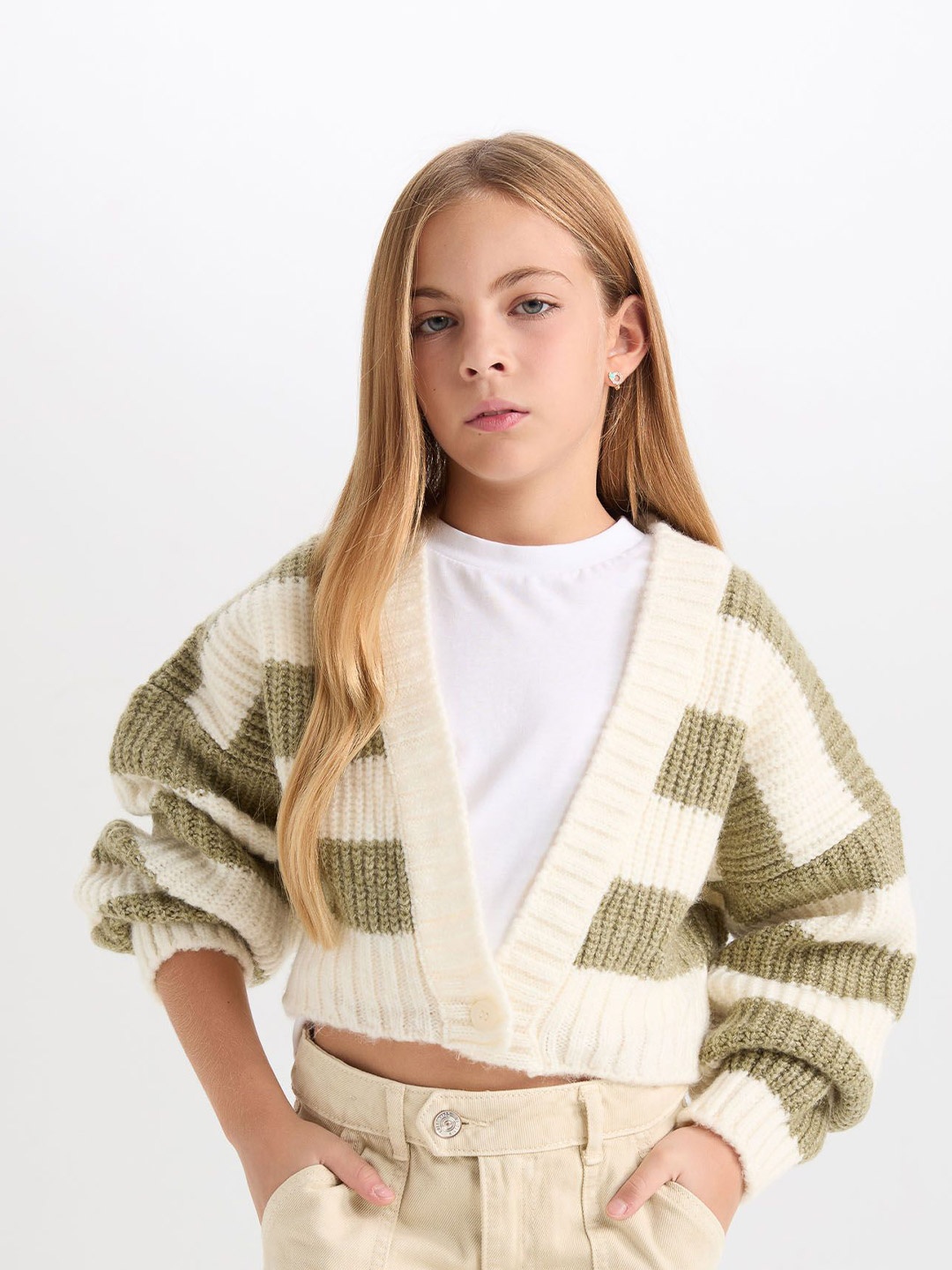 

DeFacto Girls Striped Long Sleeves Crop Sweater, Green