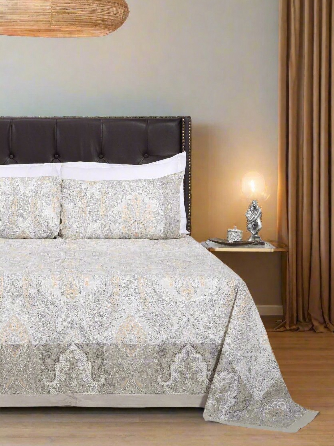 

SHAHENAZ Beige & Yellow Floral Cotton 120 TC Super King Bedsheet Set-2.70 m X 2.70 m