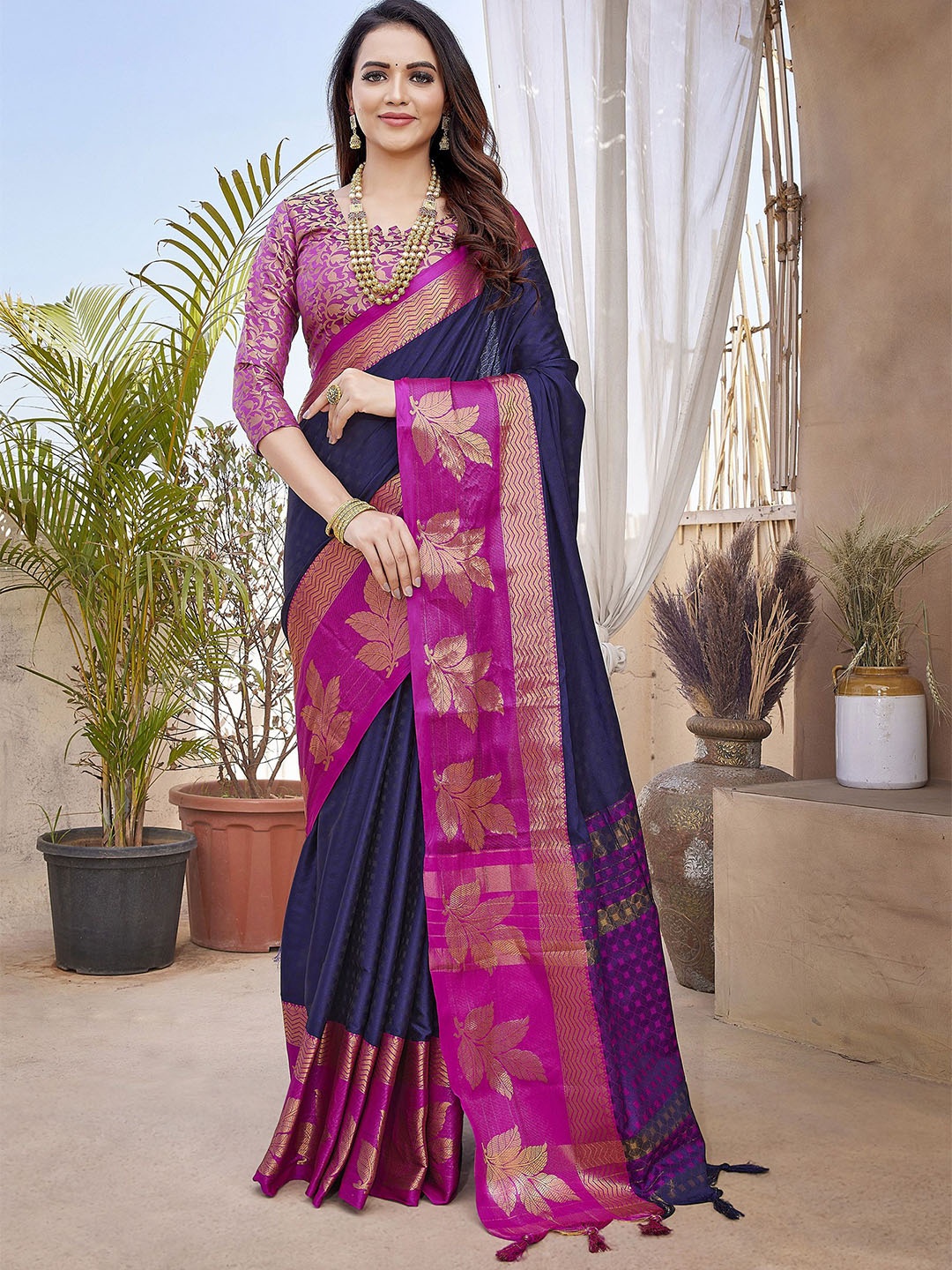 

KALINI Woven Design Zari Silk Blend Chanderi Saree, Blue