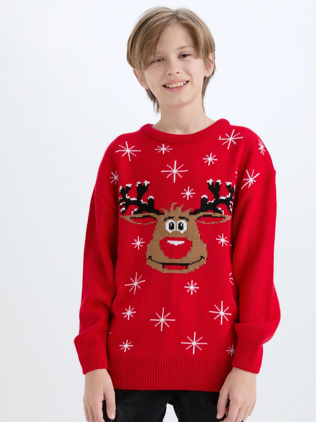 

DeFacto Boys Printed Round Neck Pullover, Red