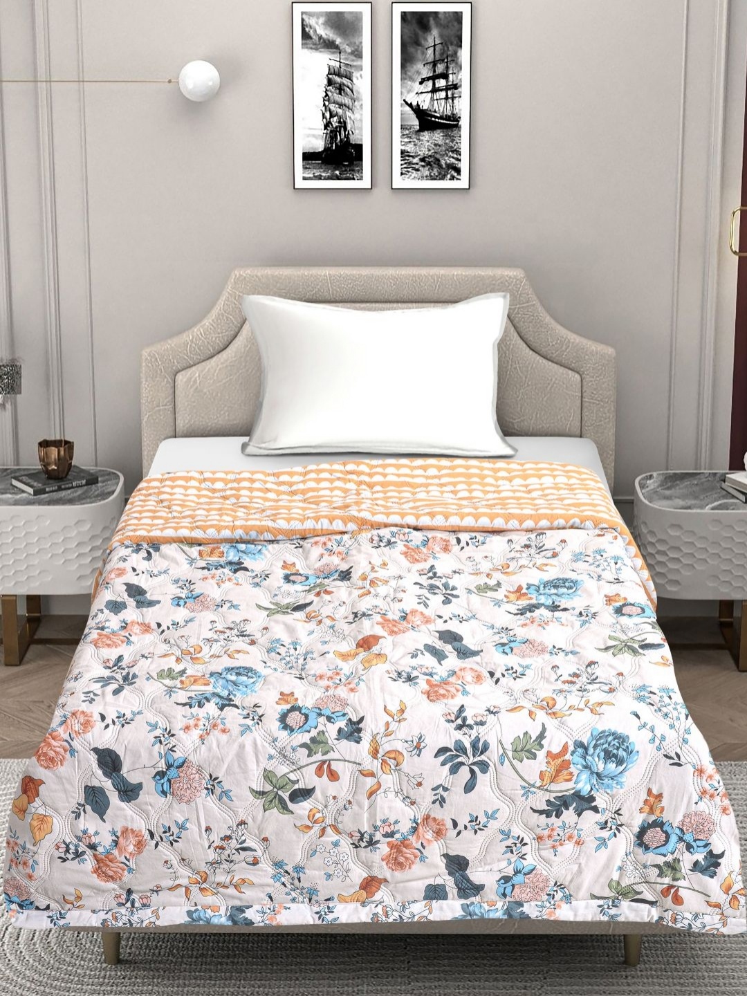 

FABINALIV White & Blue Floral Mild Winter 350 GSM Single Bed Comforter