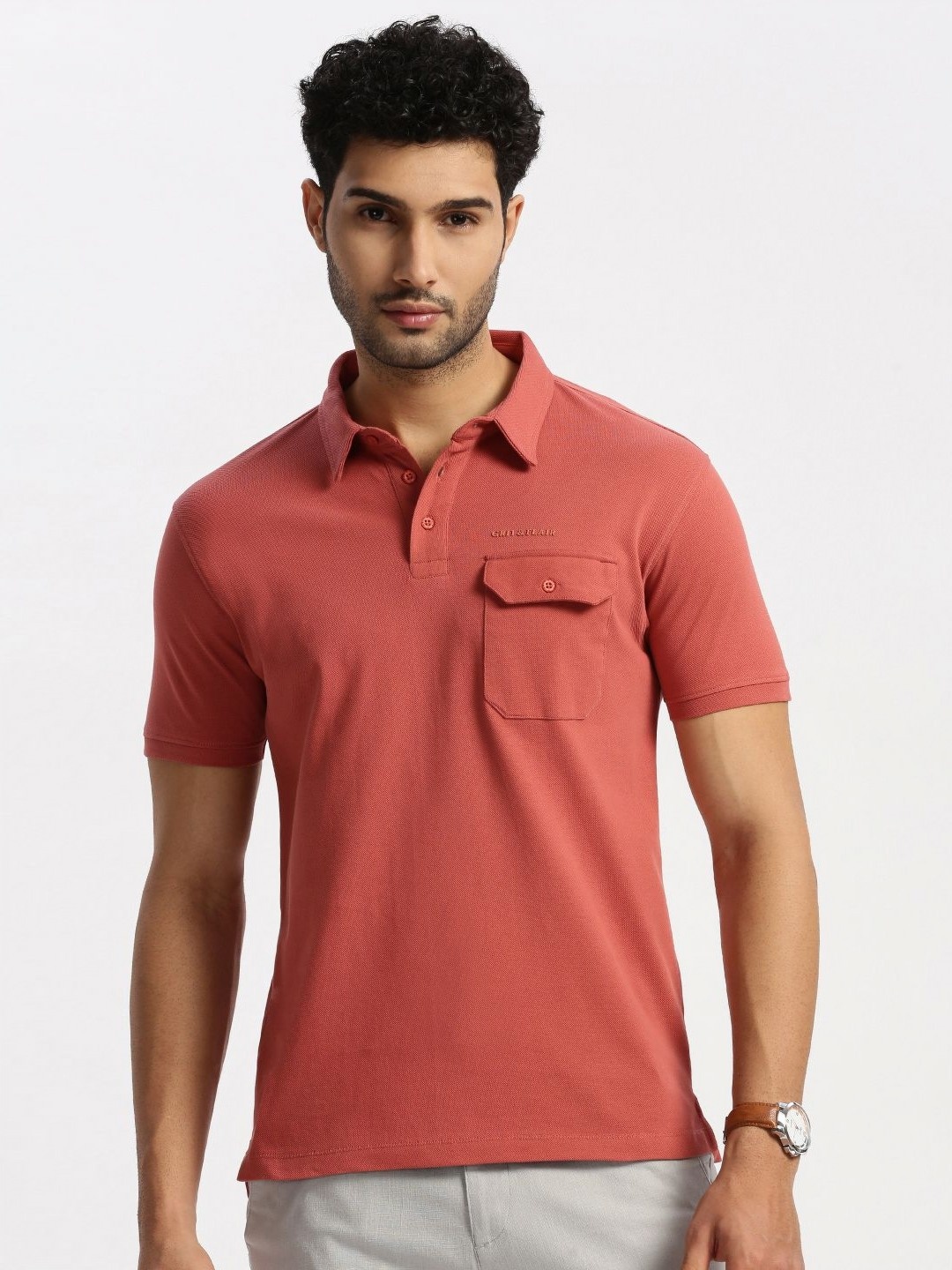 

Grit and Flair Men Polo Collar T-shirt, Pink