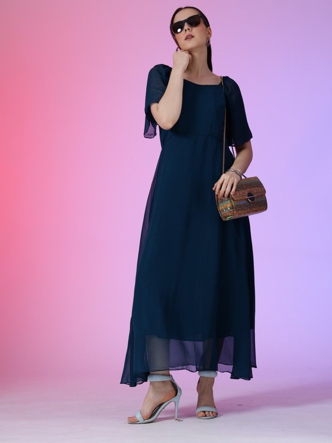 

Krunal Raiyani Women Flared Sleeves Square Neck Fit and Flare Maxi Dress, Blue