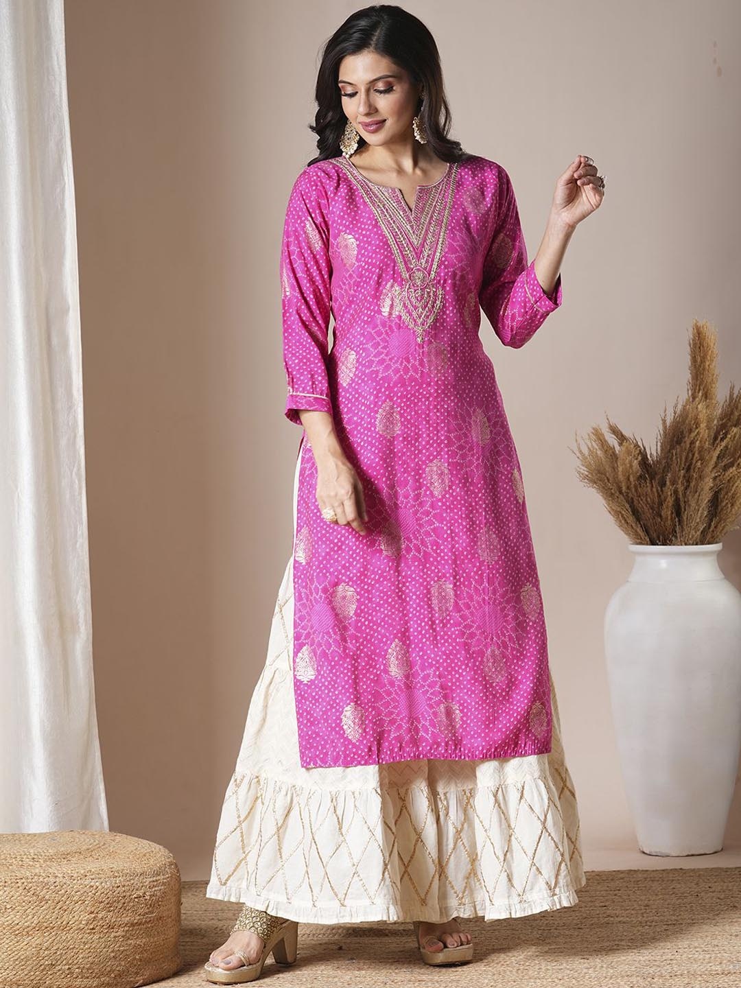 

FASHOR Women Ethnic Motifs Printed Kurta, Pink