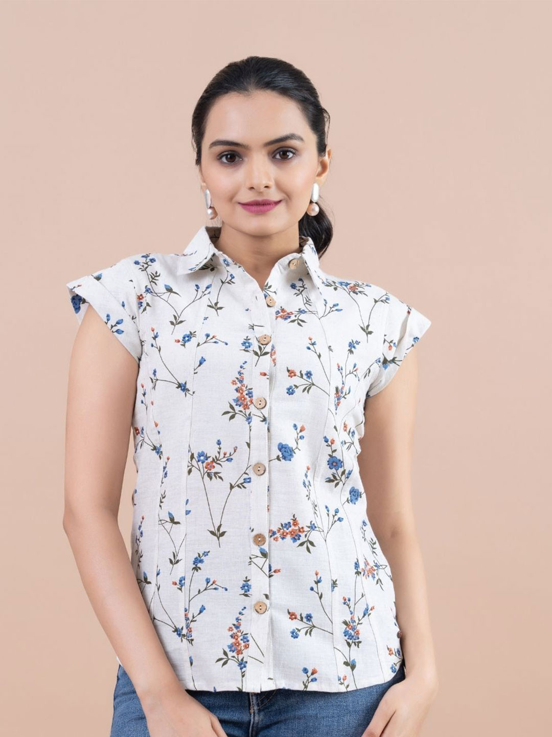 

Komarri U Floral Print Roll-Up Sleeves Cotton Top, Blue