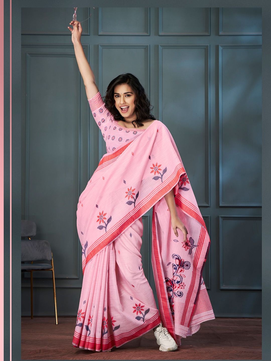 

Satrani Woven Design Zari Pure Linen Banarasi Saree, Pink