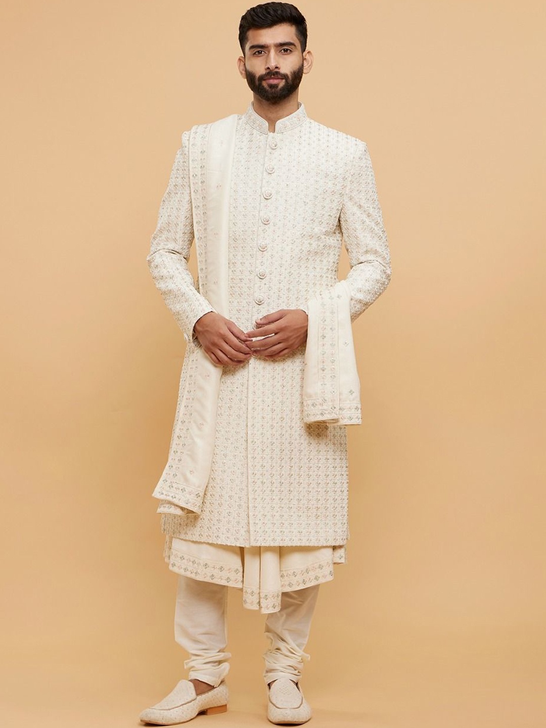 

Twamev Embroidered Moti Work & Thread Work Mandarin Collar Sherwani Set, Cream