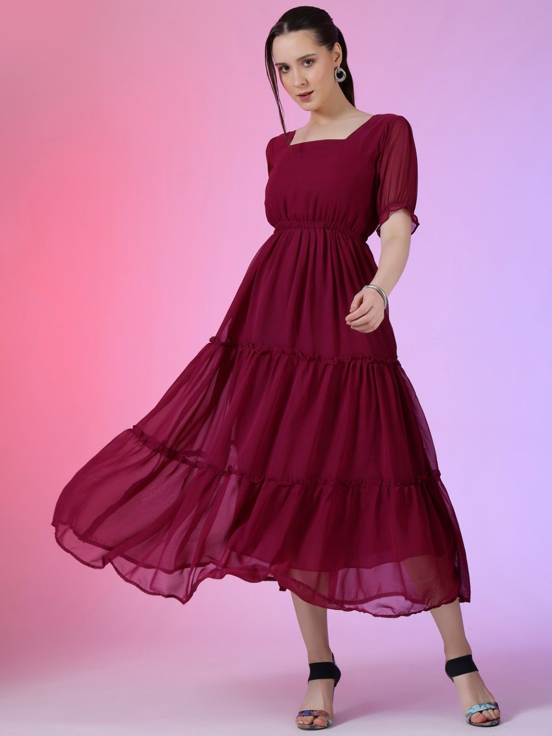 

Krunal Raiyani Women Puff Sleeve Fit and Flare Dress, Magenta