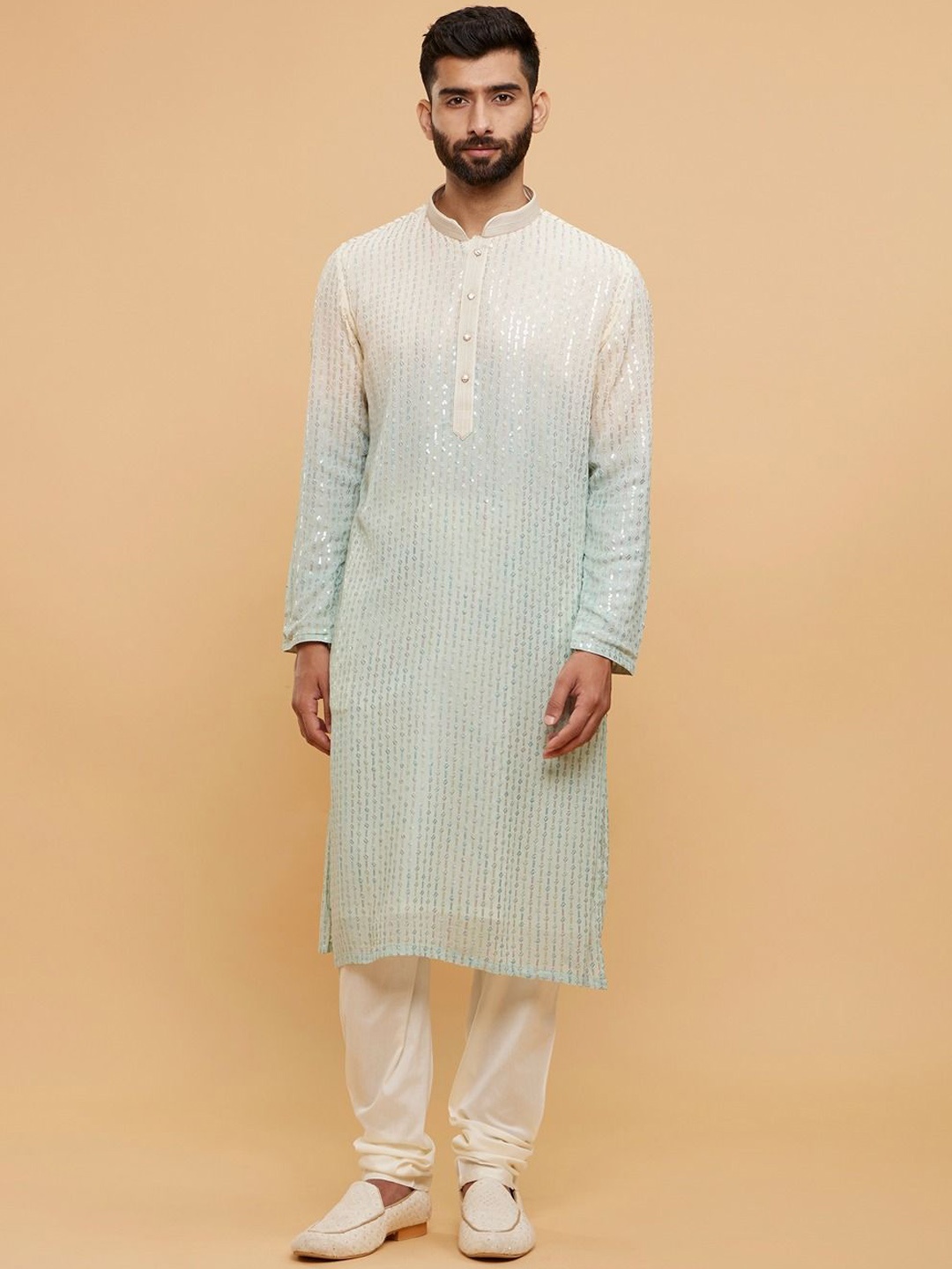 

Twamev Men Embroidered Regular Sequinned Kurta with Churidar, Blue