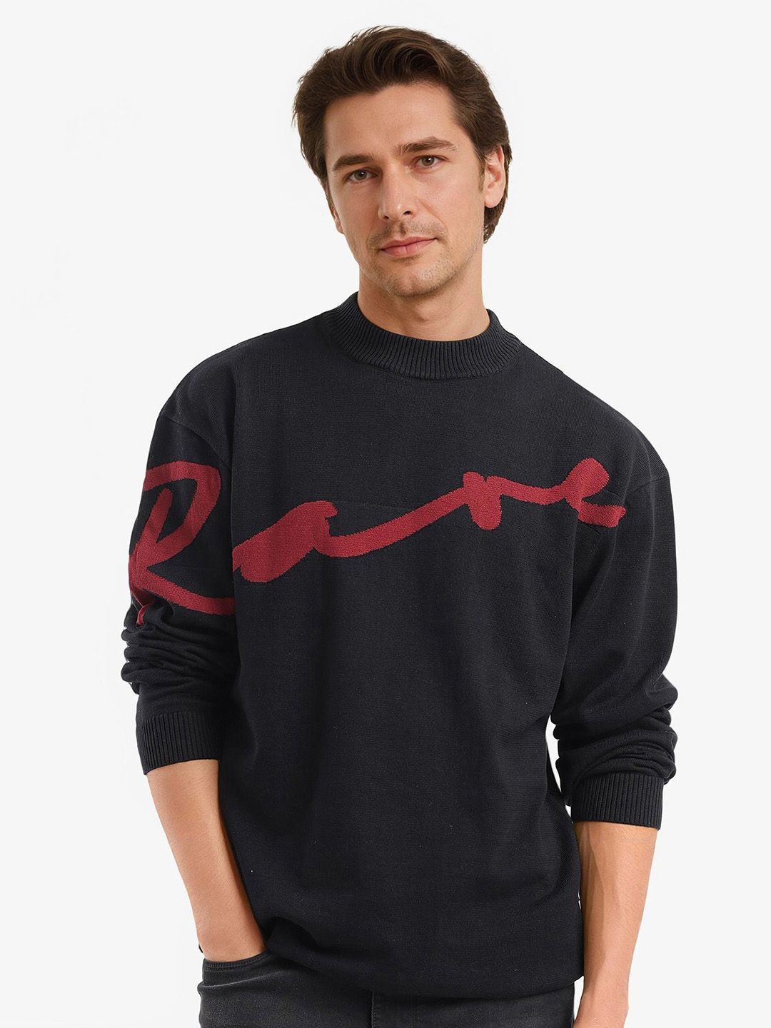 

RARE RABBIT Men Typography Self Design Cotton Pullover, Black