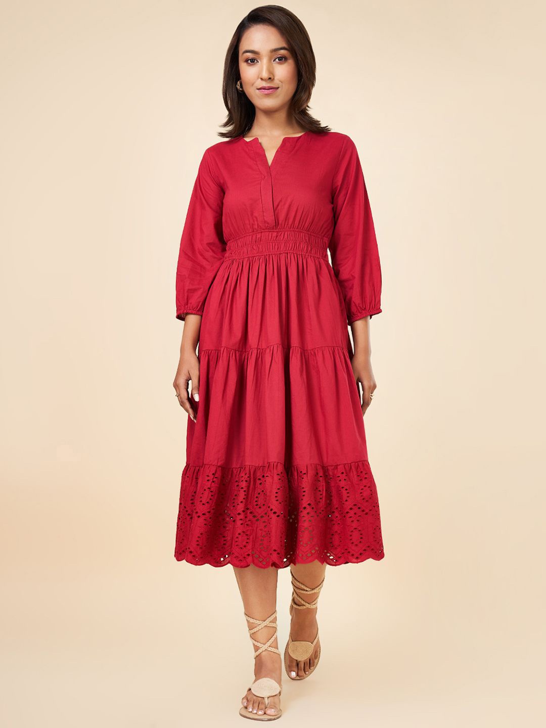 

AKKRITI BY PANTALOONS Embroidered Fit & Flare Midi Dress, Red