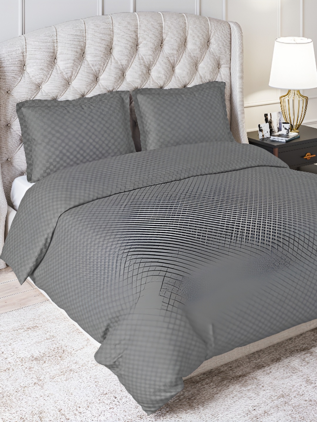 

Trance Home Linen 300TC Checks Zippered King Rajai Cover/Blanket Cover with 2 Pillow Covers, Grey