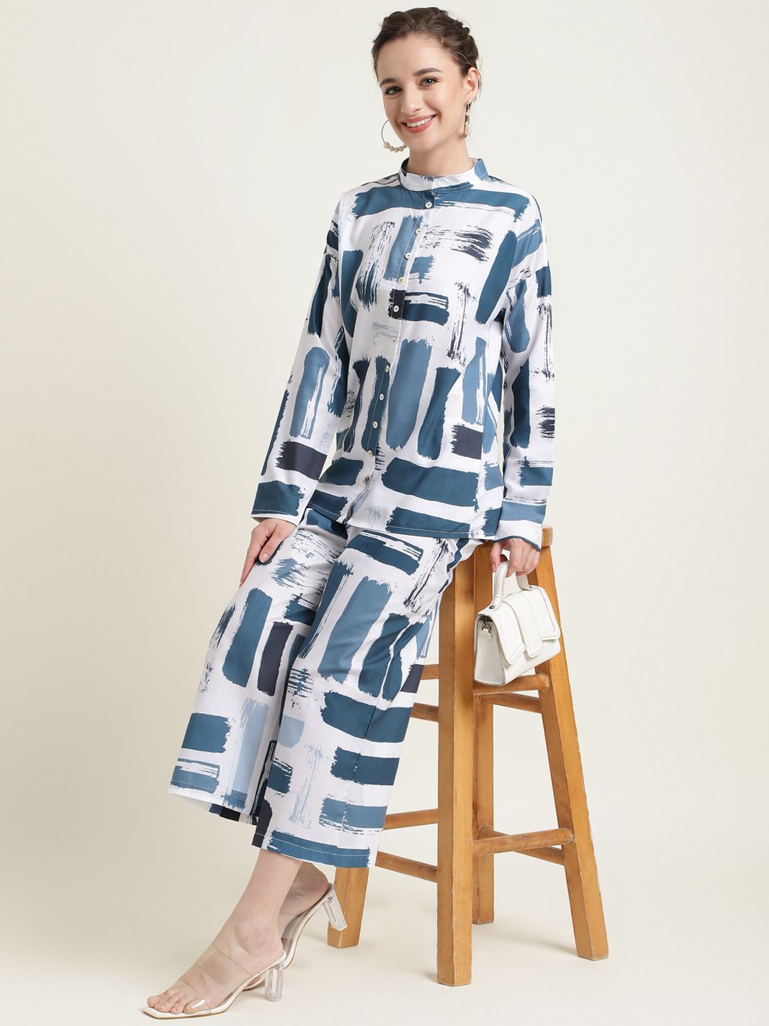 

ZARI Abstract Printed High Neck Long Sleeves Pure Cotton Shirt With Palazzo, White