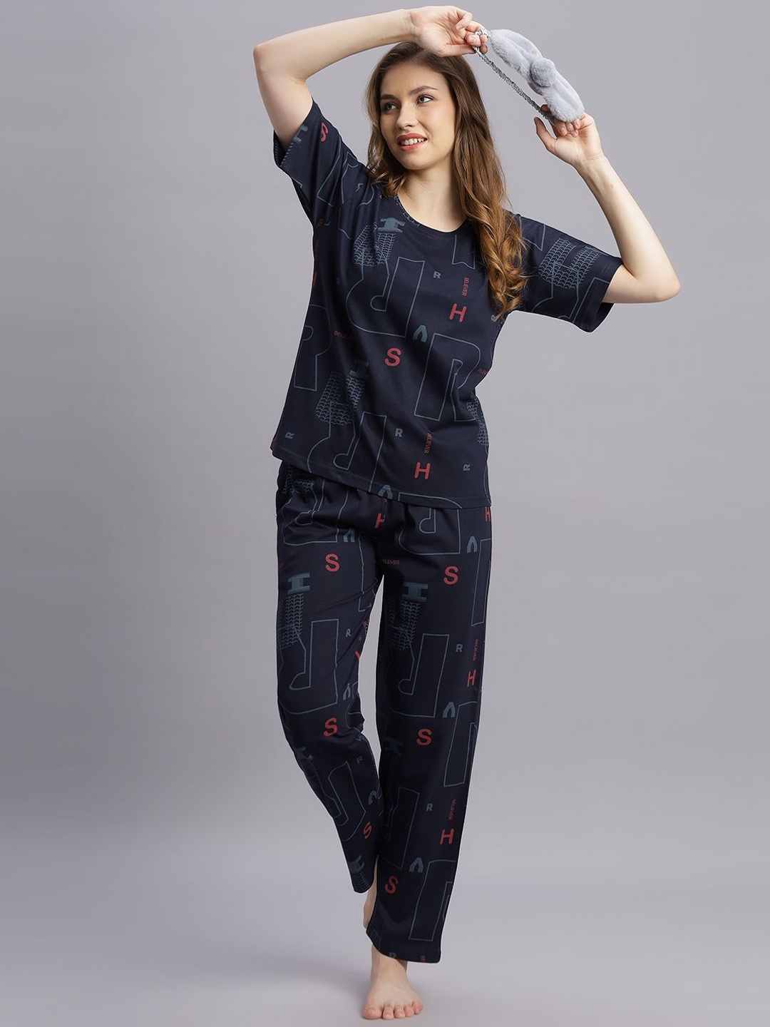 

DZZO Women Pure Cotton Printed Night suit, Navy blue