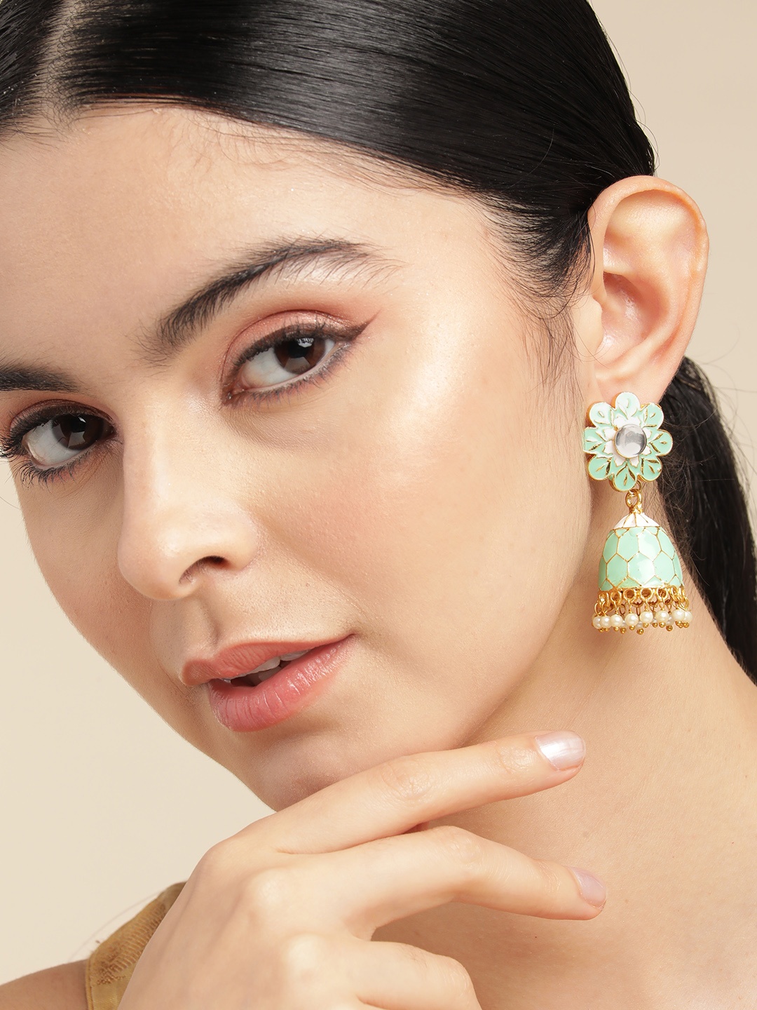 

Anouk Gold-Plated Beaded Dome Shaped Jhumkas Earrings, Sea green