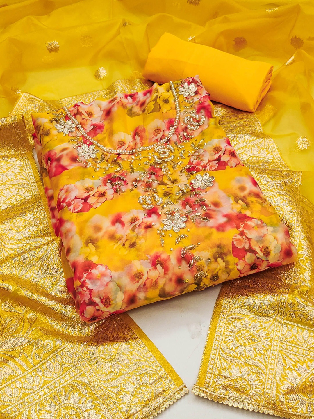 

Maroosh Embellished Organza Unstitched Dress Material, Yellow