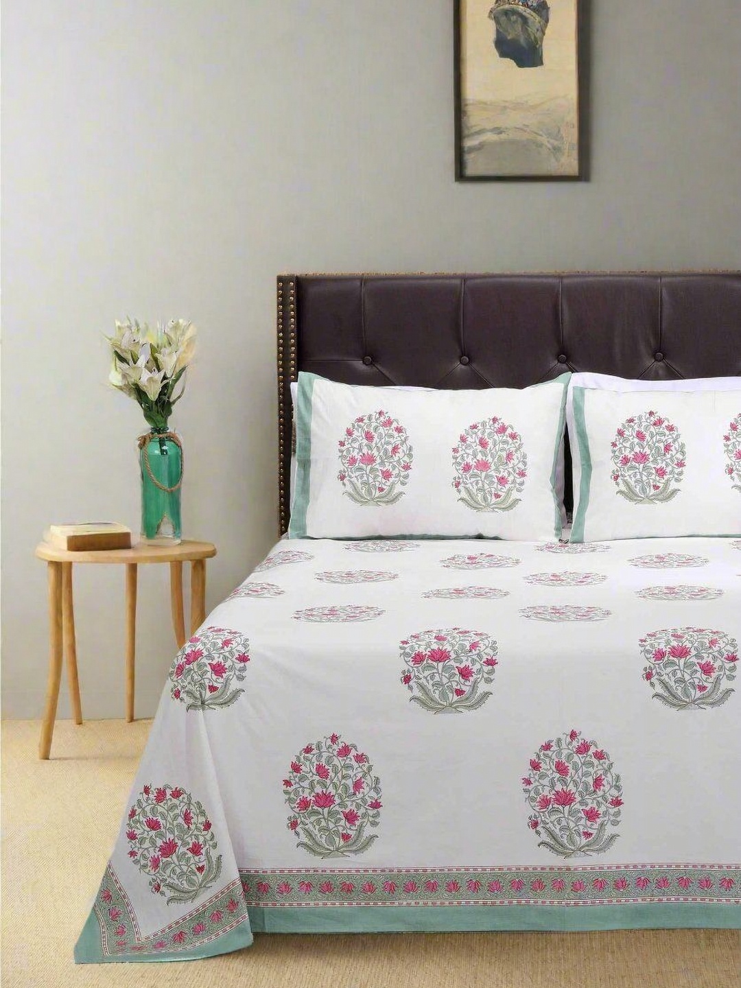 

SHAHENAZ White & Pink Floral Cotton 220 TC Double Queen Bedsheet Set-2.7 m X 2.25 m