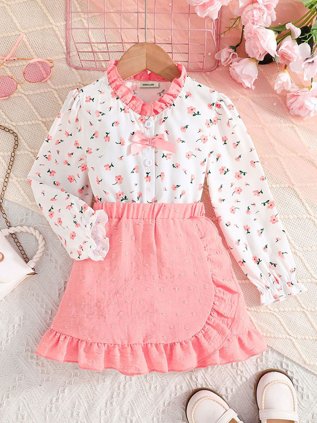 

INCLUD Girls Printed Top with Skirt, Pink