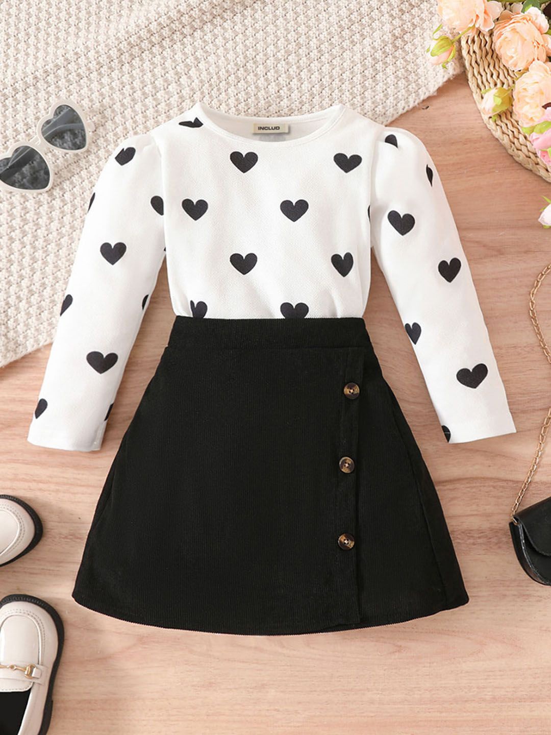 

INCLUD Girls Printed Top with Skirt, White