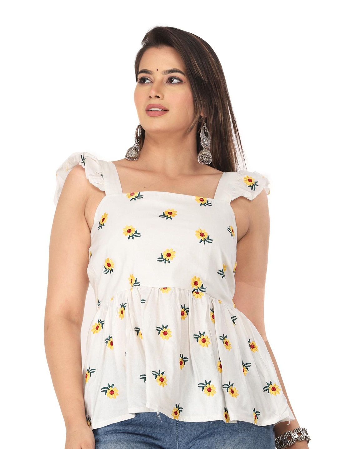 

Kairab Women Square Neck Printed Tunic With Ruffle Straps, Yellow