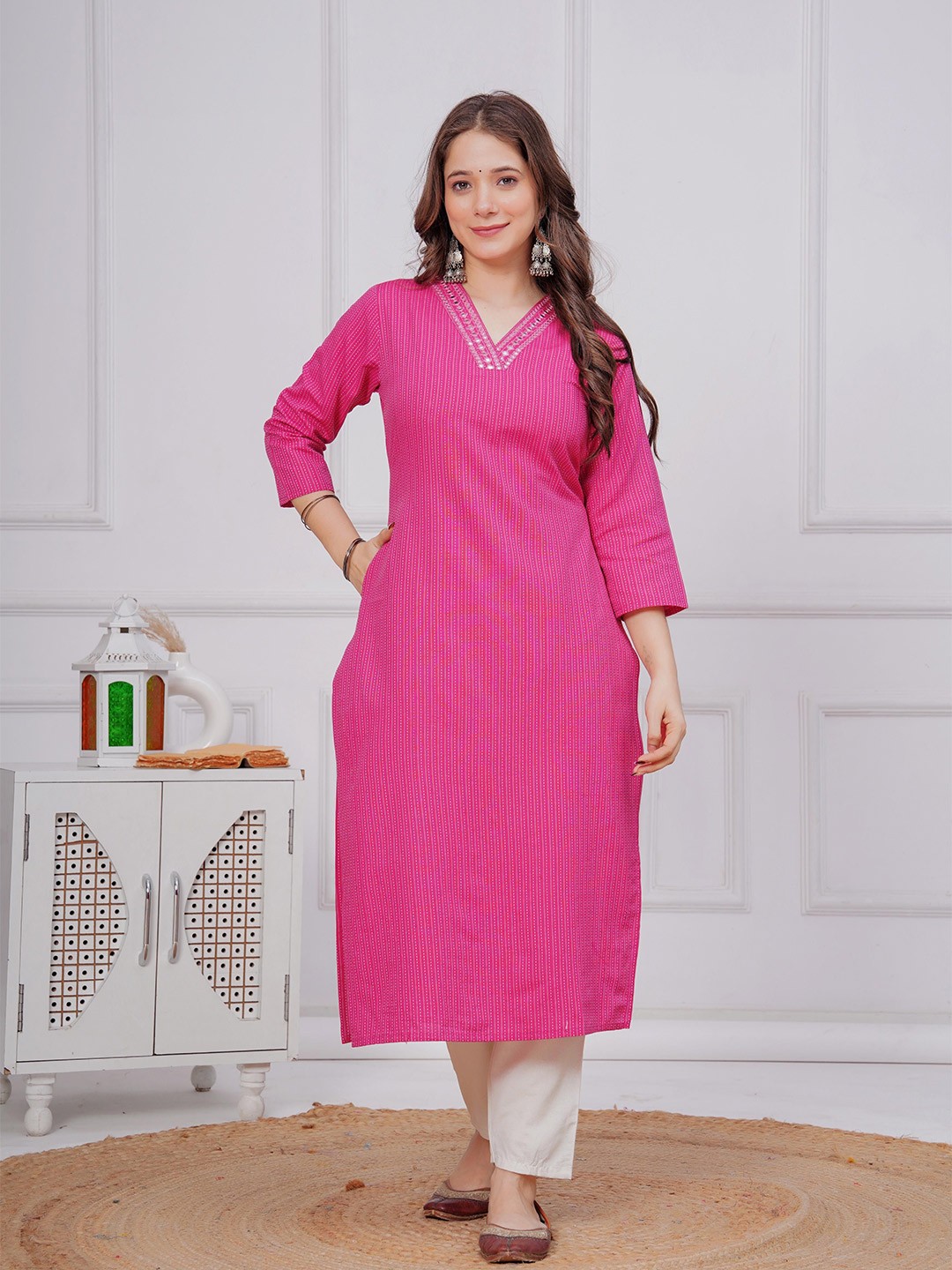 

DIZON Embroidered Mirror Work Cotton Straight Kurta, Pink