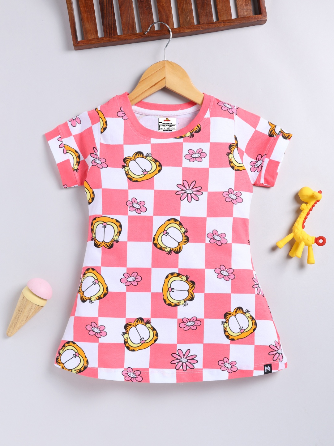 

YK X Minute Mirth Girls Checked Garfield Printed Pure Cotton A-Line Dress, White