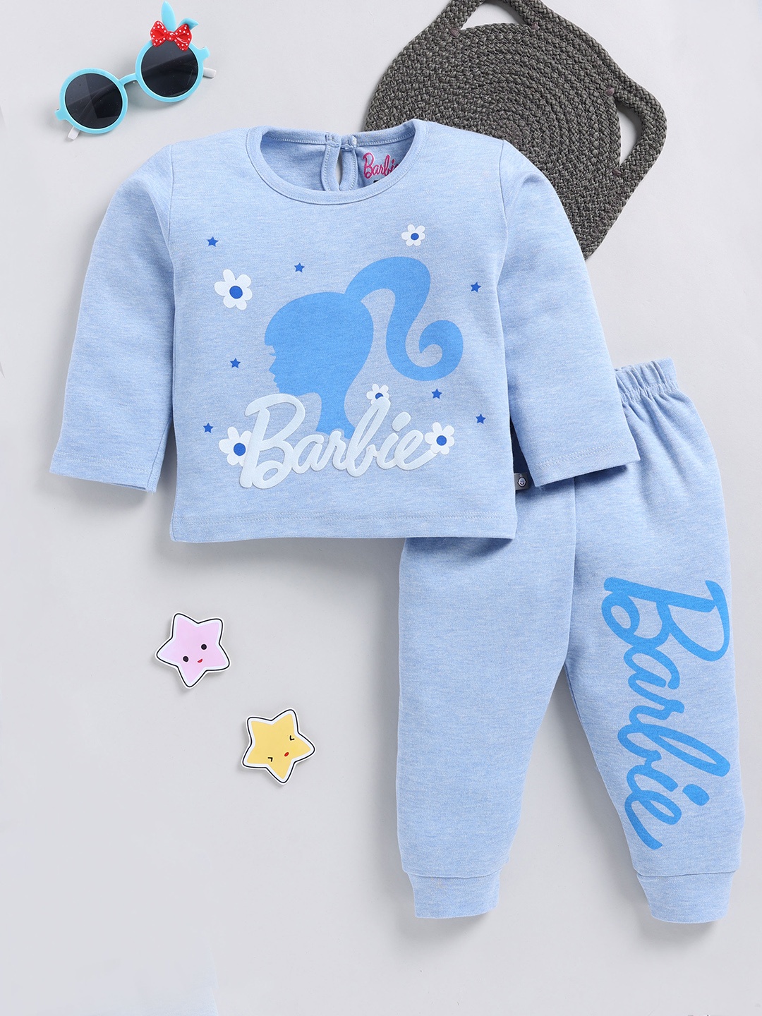 

YK X Tinyo Infant Girls Barbie Printed Pure Cotton Top with Joggers, Blue