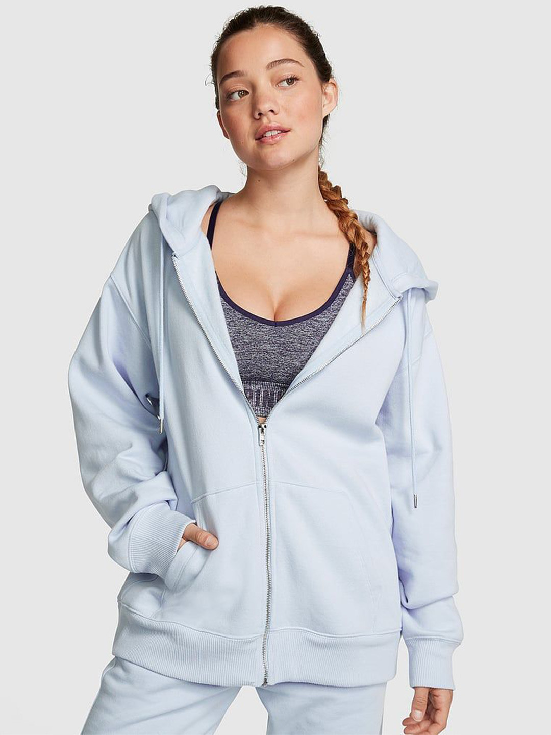 

Victoria's Secret Women Cotton Hooded Neck Front-Open Sweatshirt, Blue