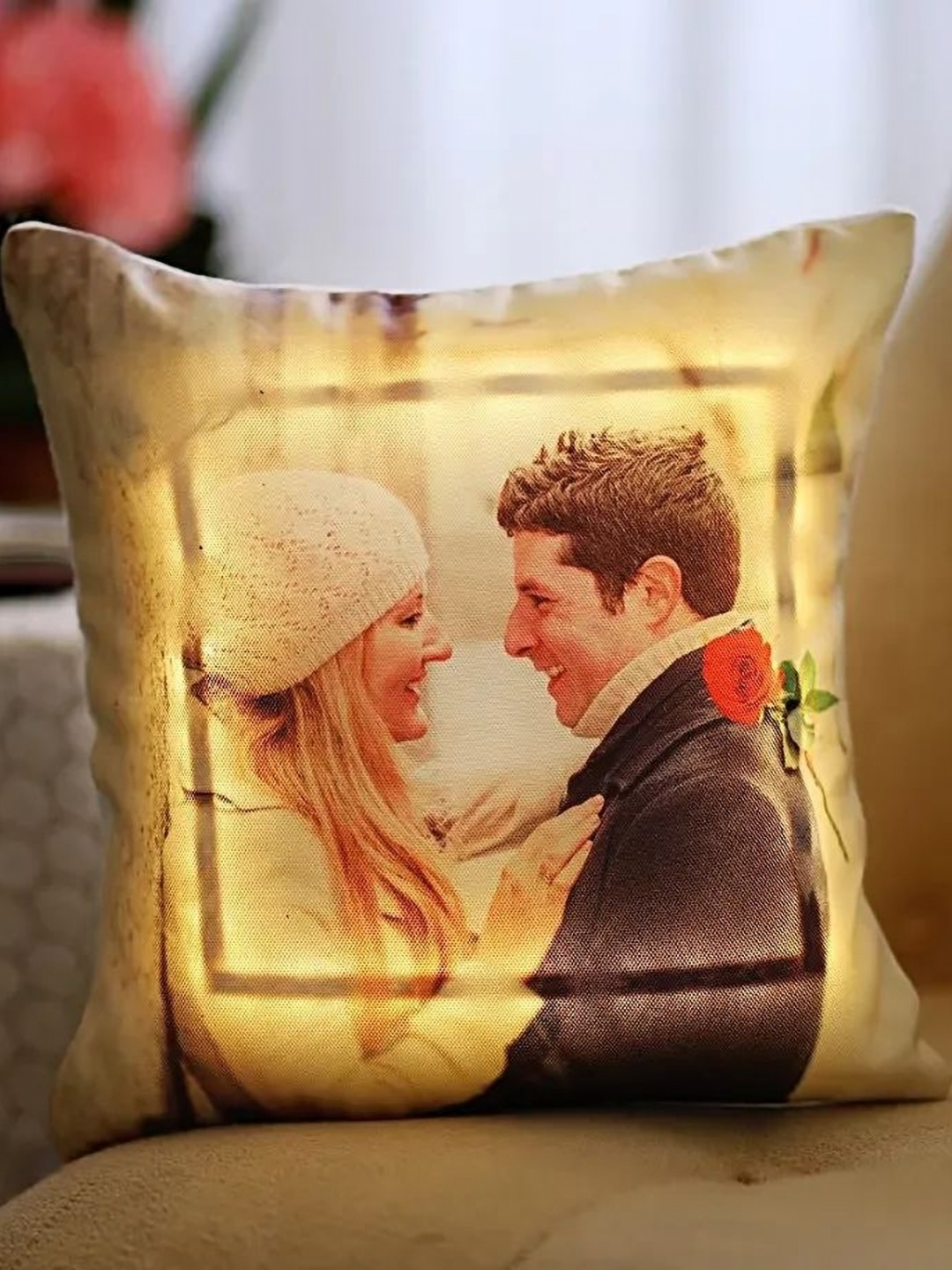 

fnp Yellow & Brown Printed Square Shaped Cushion With LED